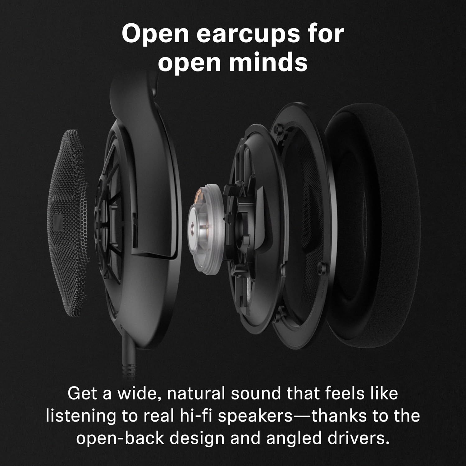 Shows the exploded layers of the open-back earcup, reassuring shoppers that the design delivers wide natural hi-fi sound. Presents open-back design as the single key benefit for wide, natural sound.