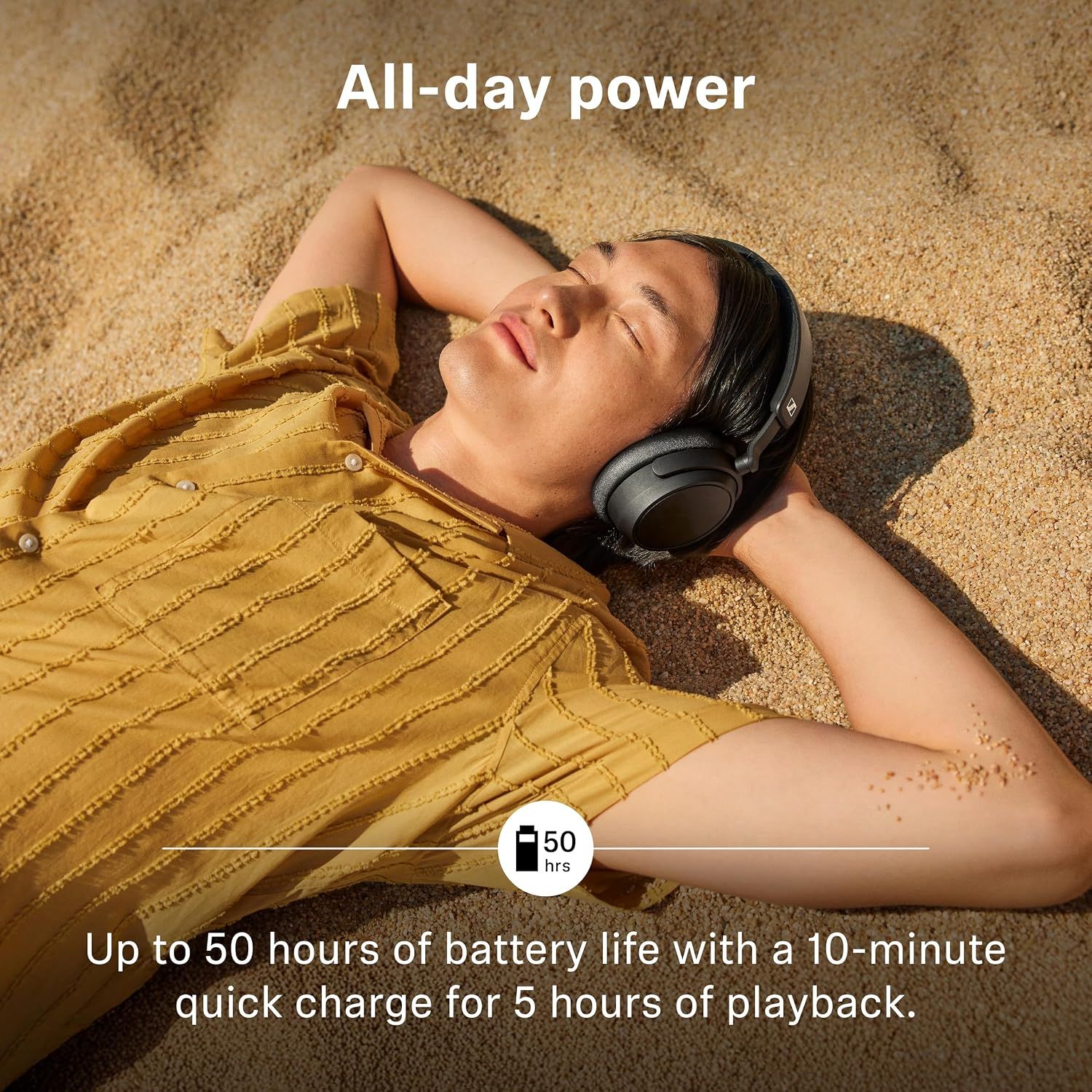 Shows 50 hours of battery life as the headline stat so shoppers know the headphones last all day. Reassures shoppers that a short charge still gives 5 hours of playback.