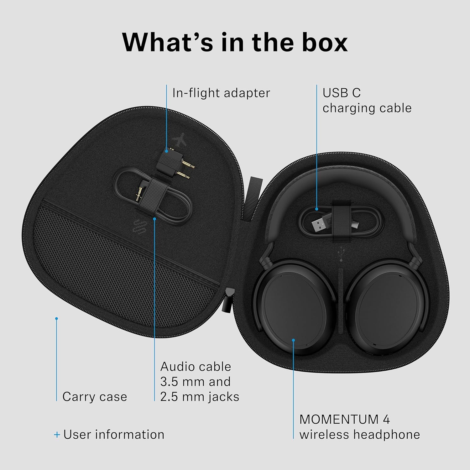 Lists everything in the box so shoppers know the headphones ship with cables, adapters, and a carry case.