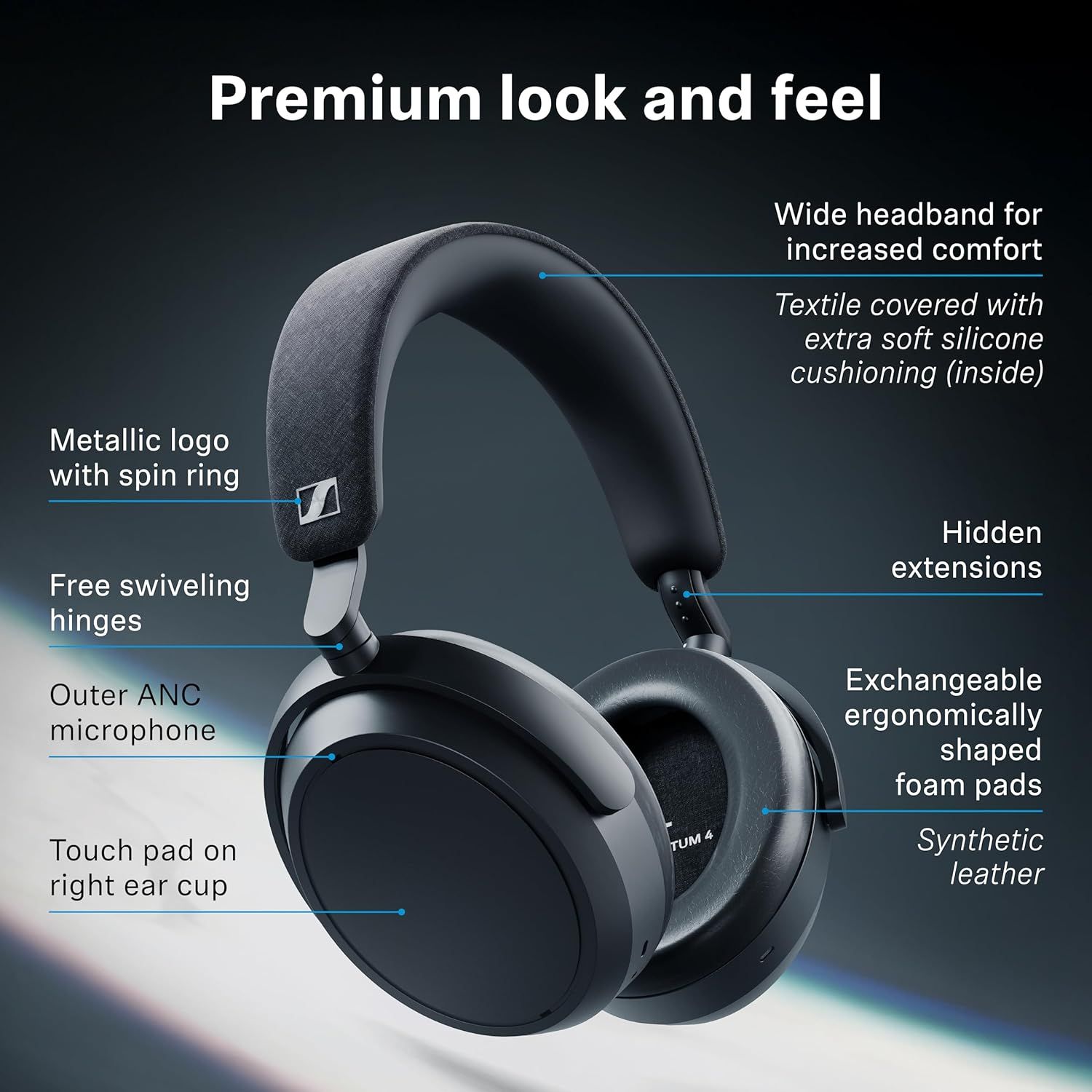 Labels the physical parts to show the comfort, build, and premium materials of the headphones. Shows several premium comfort and build benefits at once to reassure shoppers about quality and fit.