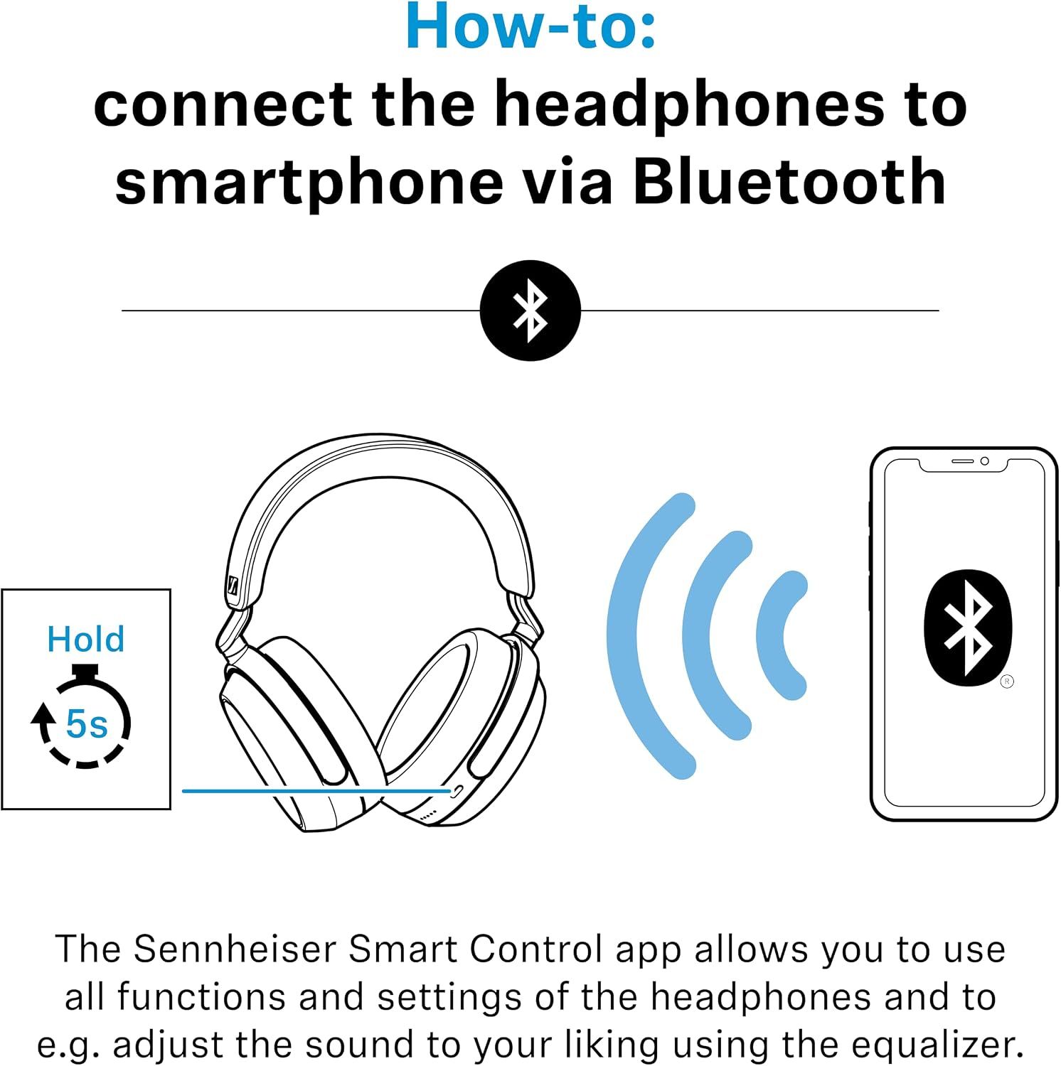 Explains how to pair the headphones with a smartphone over Bluetooth and notes the app gives full control and equalizer settings.