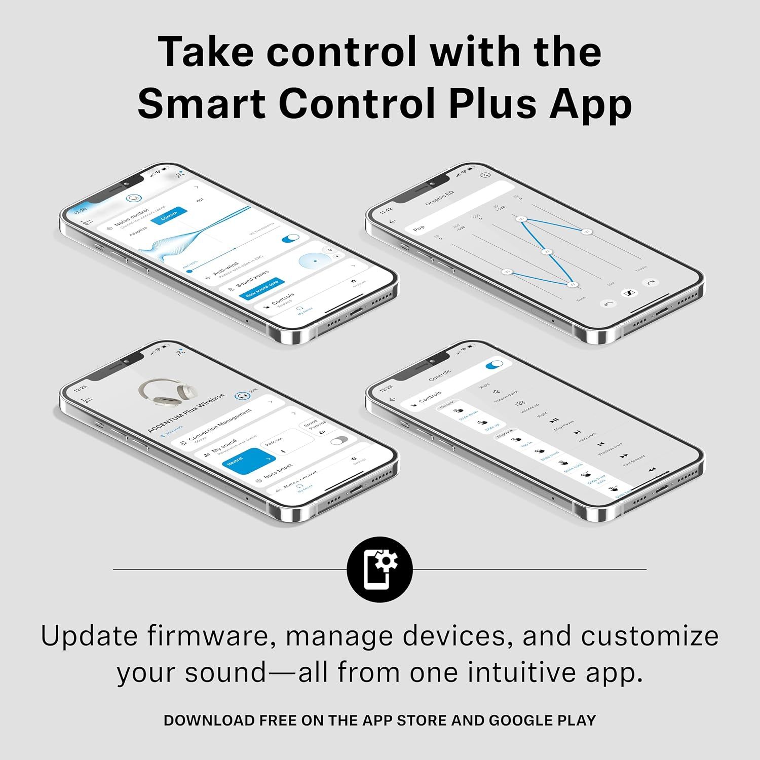 Four app screens show the companion app handles firmware, device settings and sound tuning in one place.