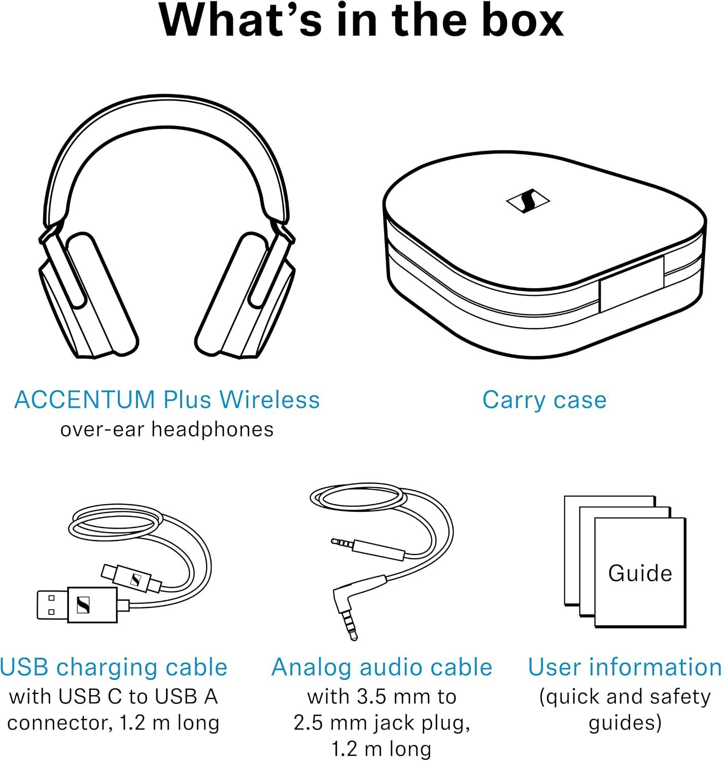 Lists everything in the box so shoppers know the case, charging cable and audio cable are all included.
