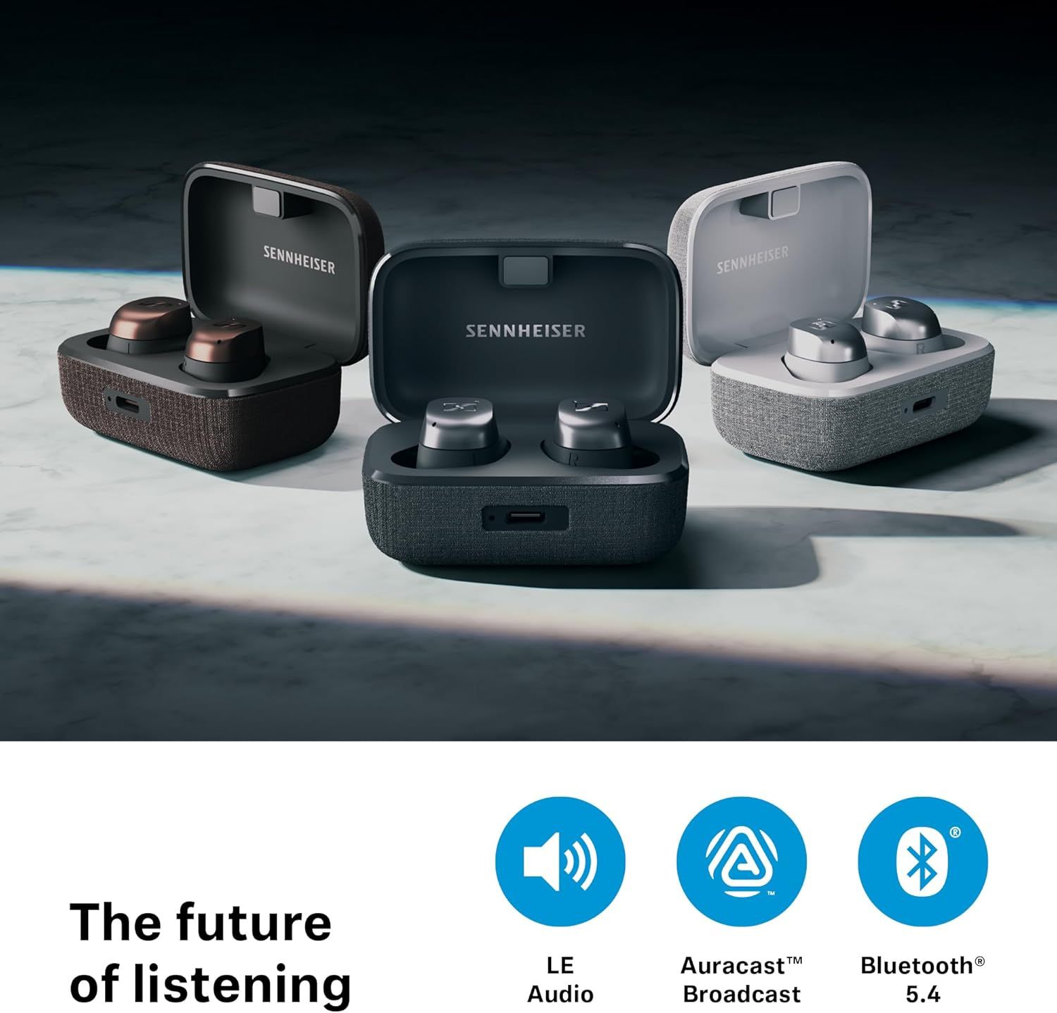 Lists three modern wireless standards under The future of listening to reassure shoppers the earbuds use current connectivity technology.