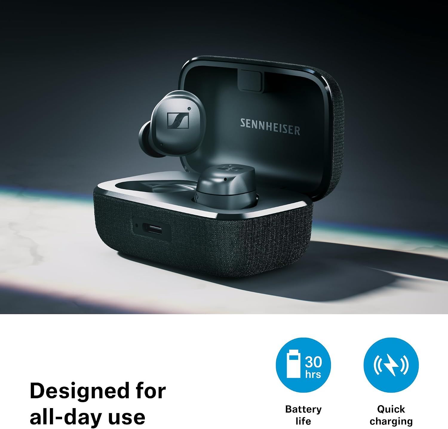 Puts a 30 hour battery figure front and centre to reassure shoppers the earbuds last all day with quick top-ups. Frames the battery stat under one headline about all-day use so the benefit reads at…