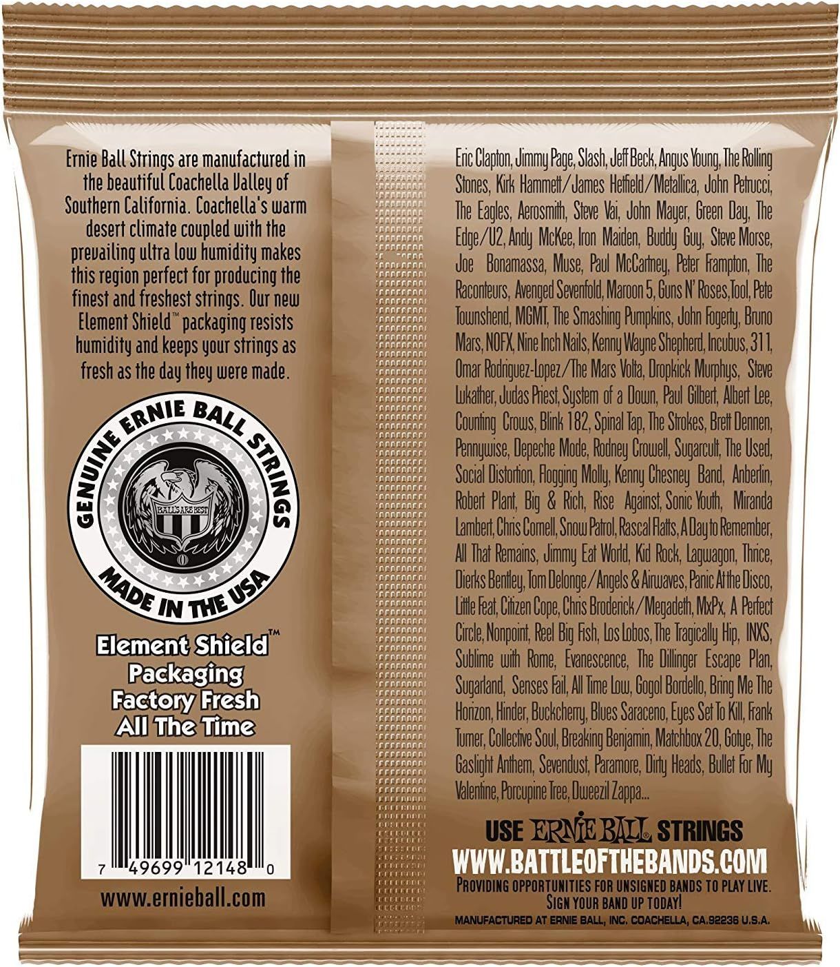 Builds trust by showing where the strings are made and that well-known guitarists use the brand.
