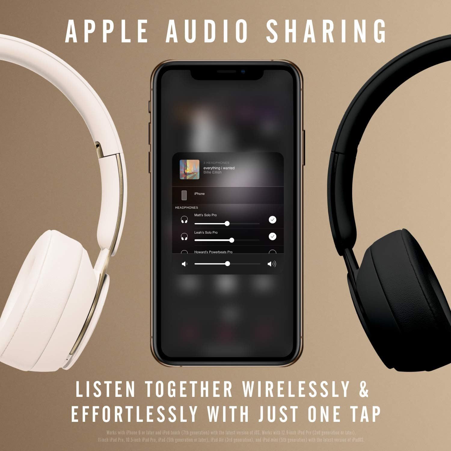 Shows two headphones can join one iPhone audio session with a single tap so friends can listen together.