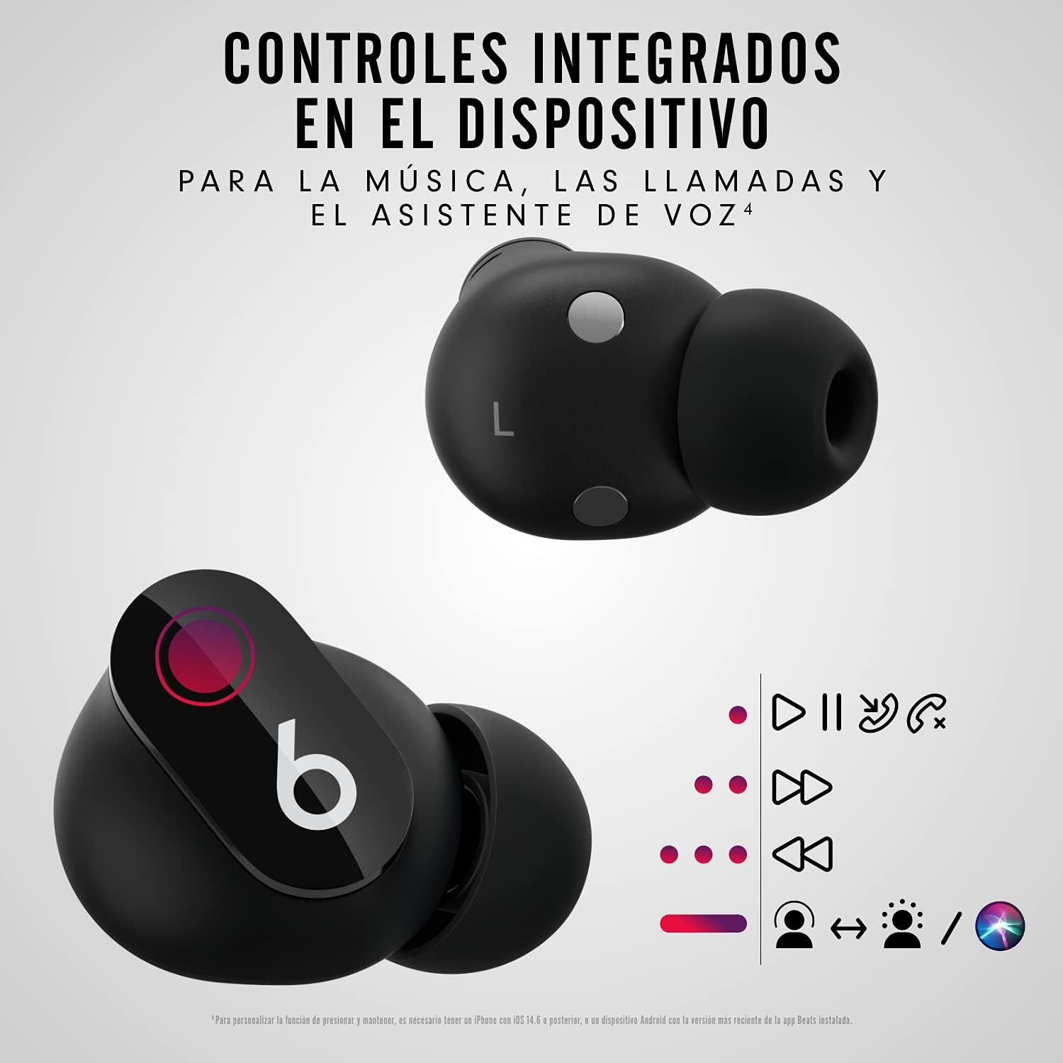 Shows several built-in earbud controls for music, calls and voice assistant so the buyer knows they can operate the buds without a phone.