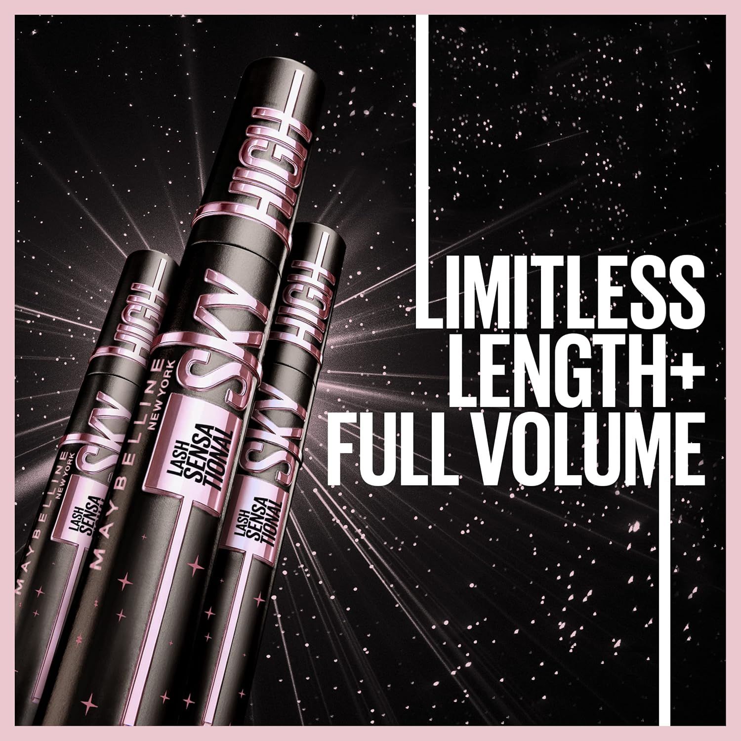 Bold headline and dramatic product shot promise long, full lashes from the mascara.