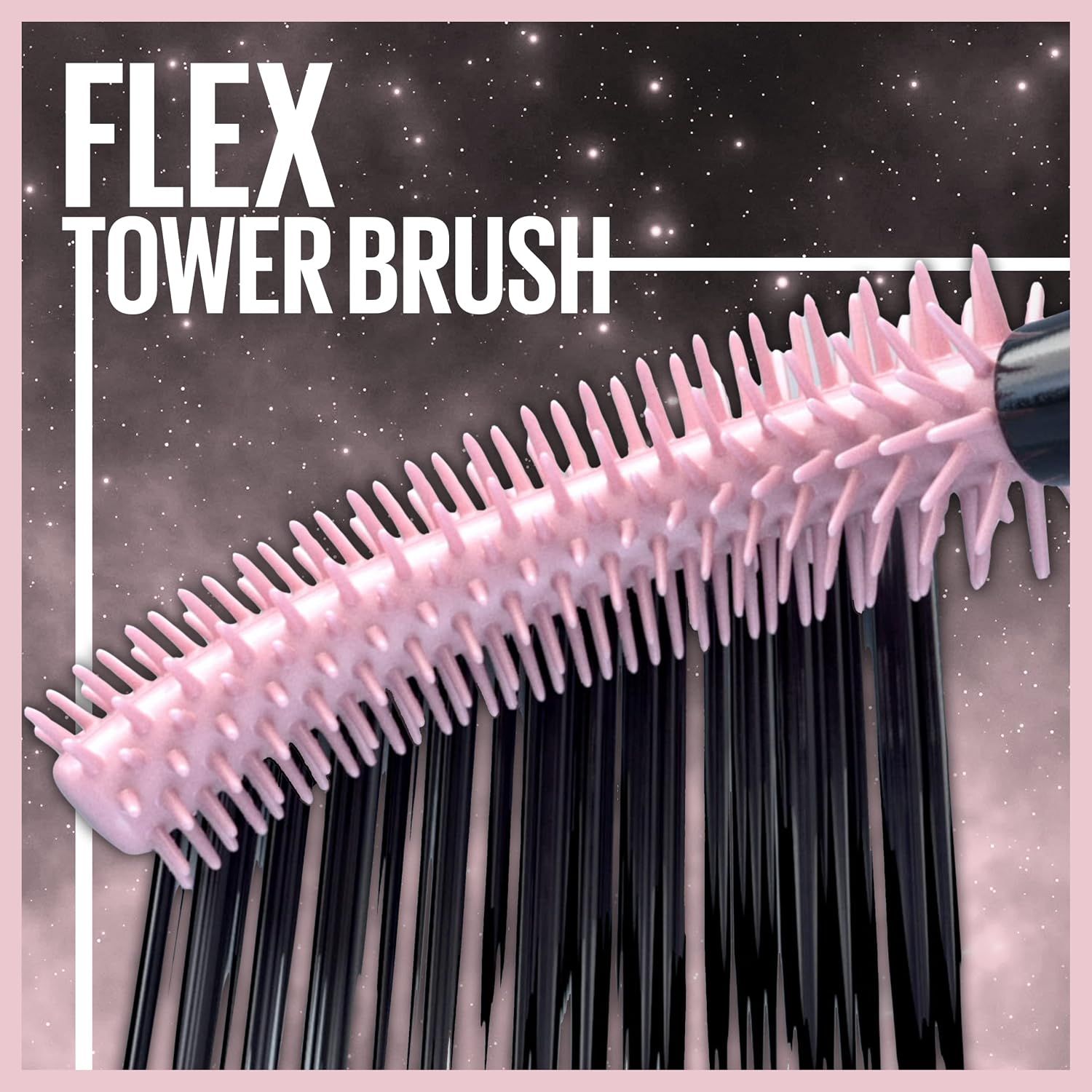 Zoomed close-up of the brush head shows the flexible tower design that reaches every lash. One headline and one close-up reassure shoppers the brush is the key feature.