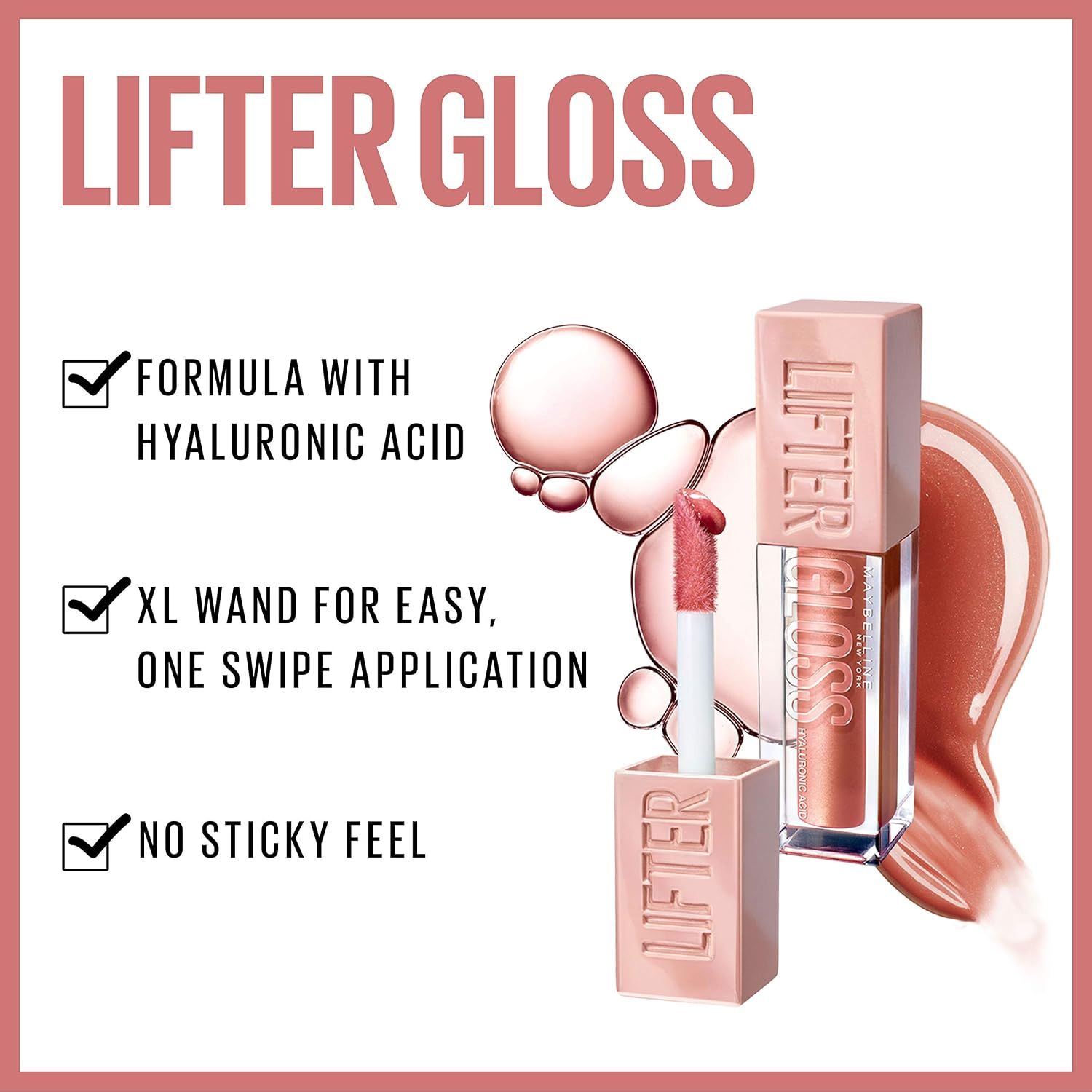 Three checked benefits reassure shoppers the gloss is hydrating, easy to apply, and comfortable to wear.