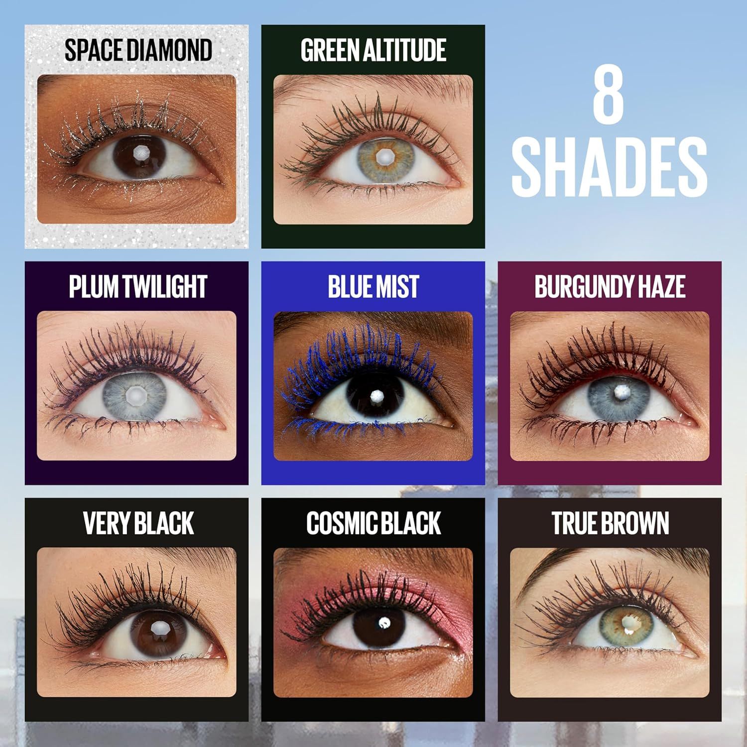 Shows the full line of eight shades so shoppers can find the look that suits them. Reinforces the brand's wide product range.