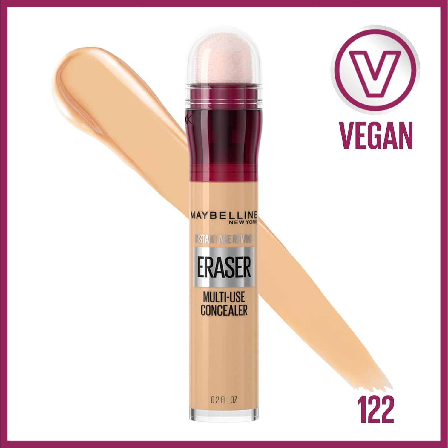Shows the concealer shade 122 with a clean product shot and swatch. Reassures shoppers the shade matches their skin tone. Vegan badge signals the formula is free of animal ingredients. Reassures…