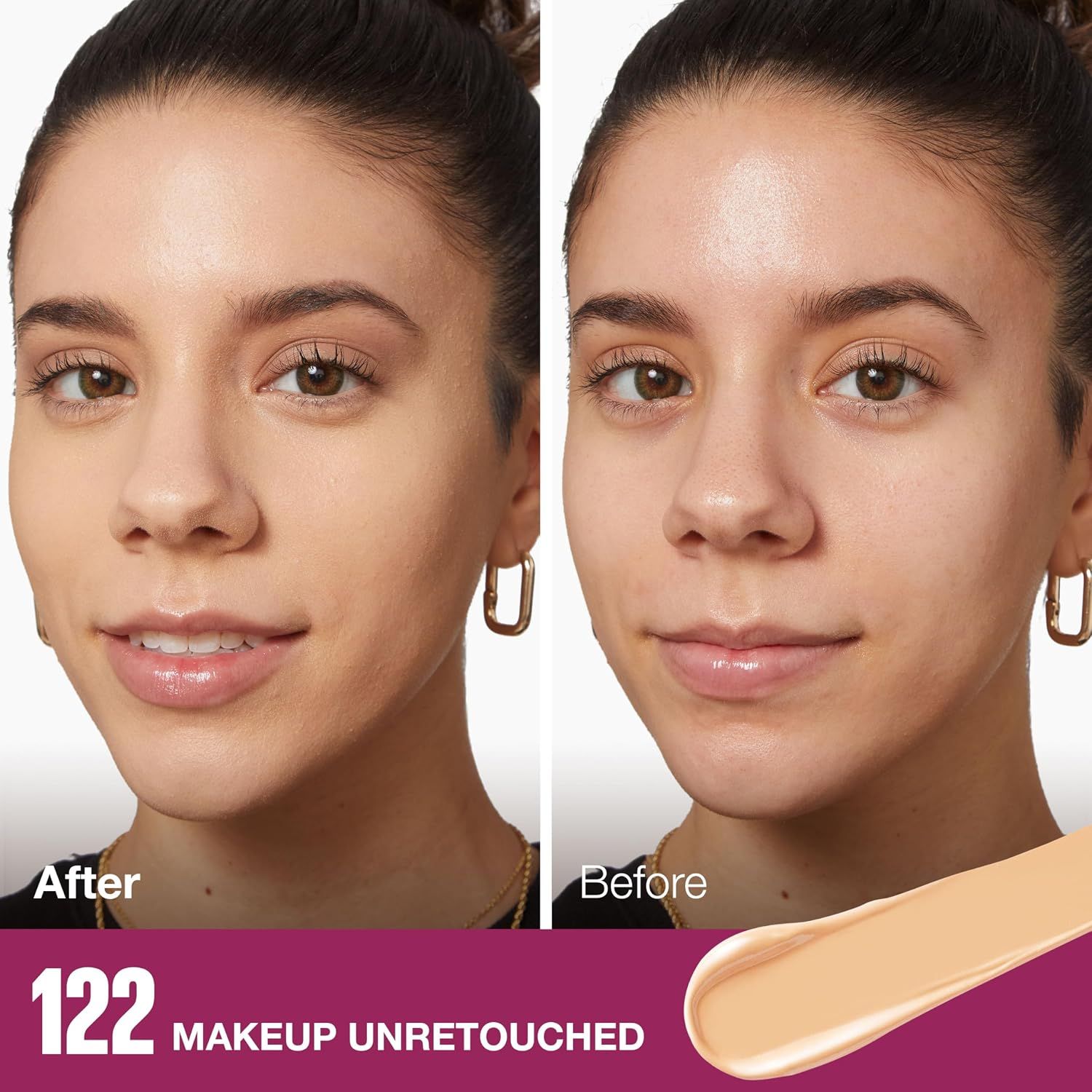 Side-by-side before and after shows the concealer hides dark circles on the same face. Proves the results are real and unretouched. The single claim of instant dark circle coverage is the core…