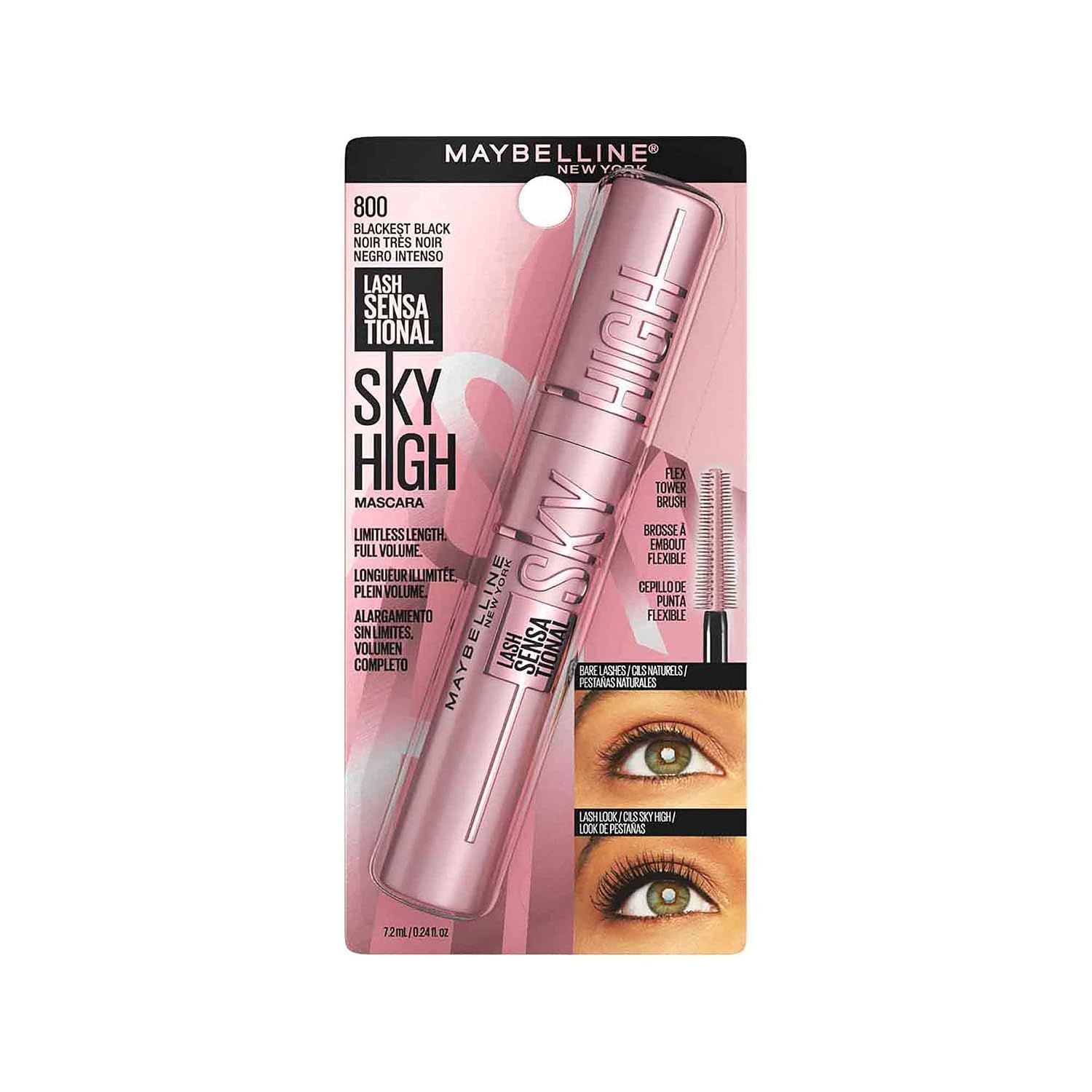 Packaging and callouts reassure shoppers the mascara delivers long full lashes with a flexible brush. Eye photos compare natural lashes with the lash look so shoppers can see the volume gain.