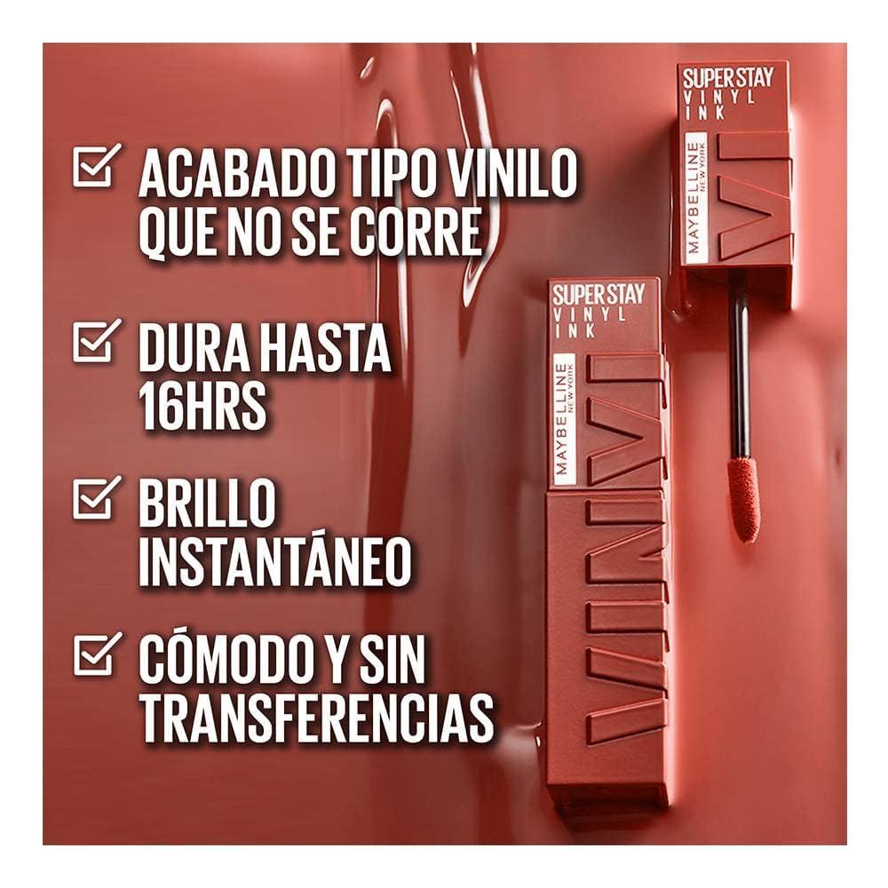 Four benefit bullets reassure shoppers the lip color stays put, lasts all day and feels comfortable.