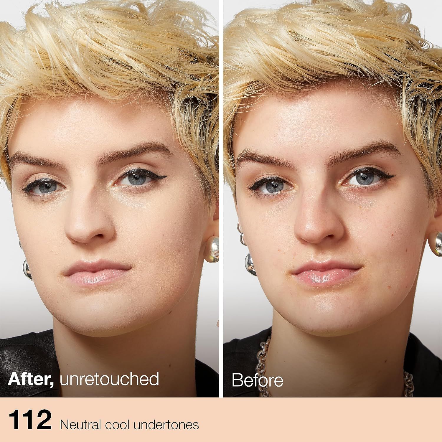 Shows the same model before and after applying the foundation to prove it evens skin tone naturally. Signals that shade 112 suits neutral cool undertones so shoppers can check their match.