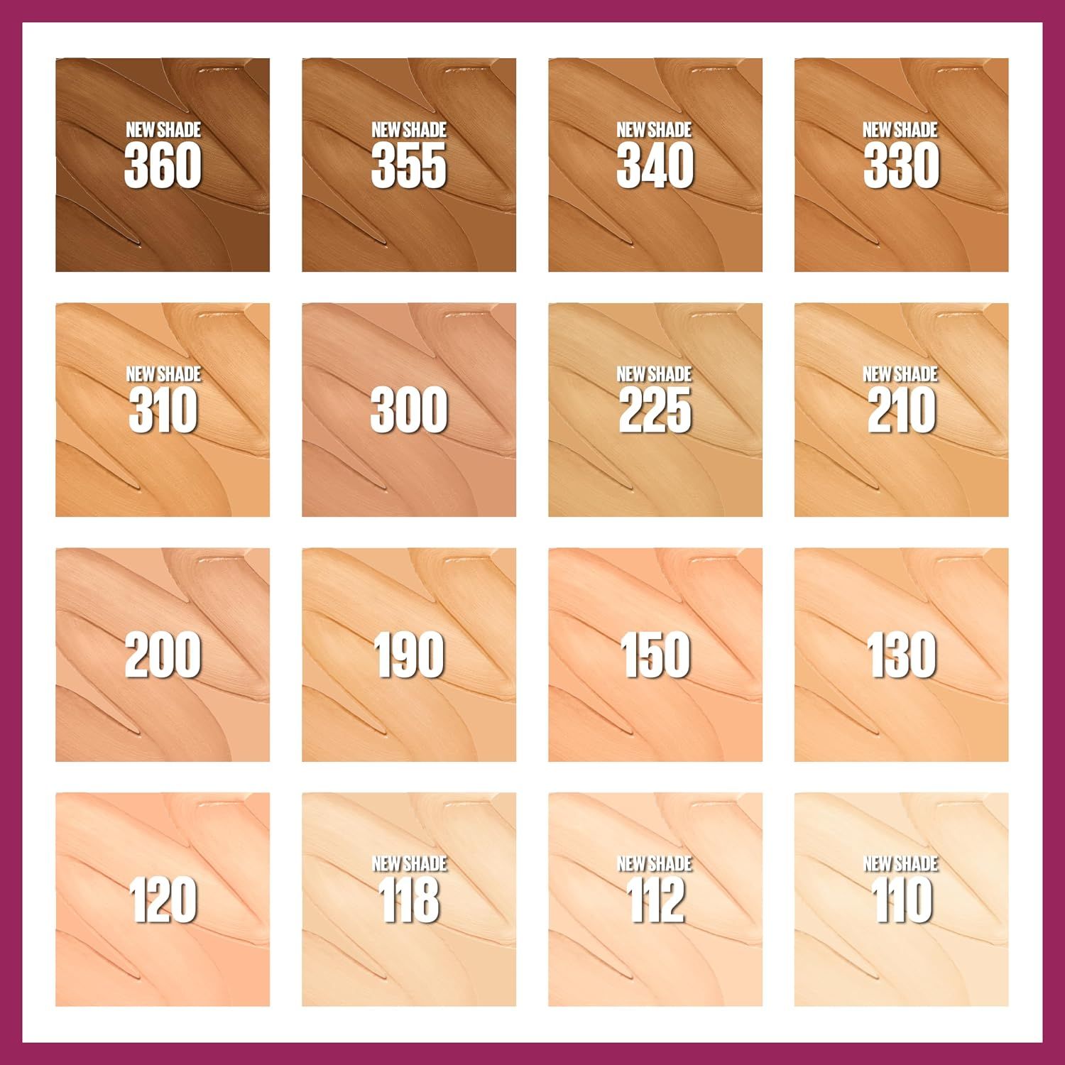 A grid of all 16 shades shows the wide shade choice available across the Eraser line so shoppers can find a match.