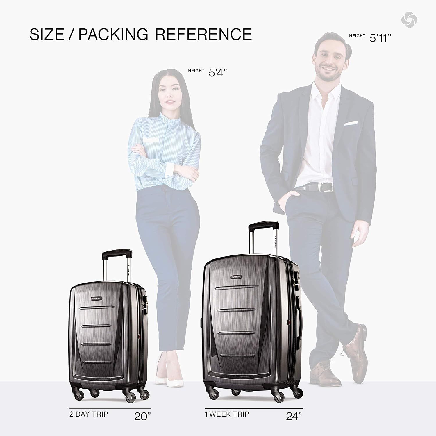 Shows the 20 inch and 24 inch sizes beside people so shoppers can judge the real size and packing capacity.
