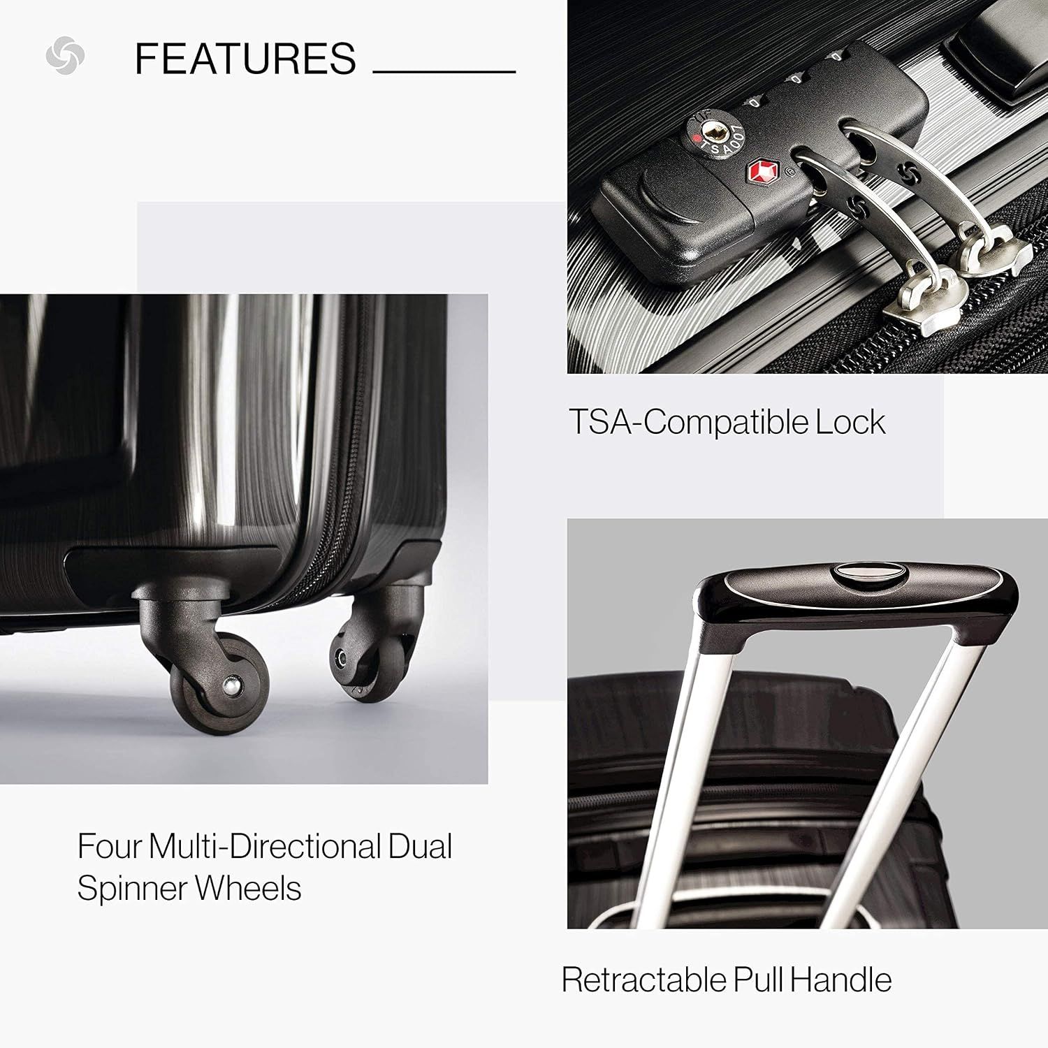 Four panels show the wheels, TSA lock and pull handle so shoppers see several practical features in one layout.