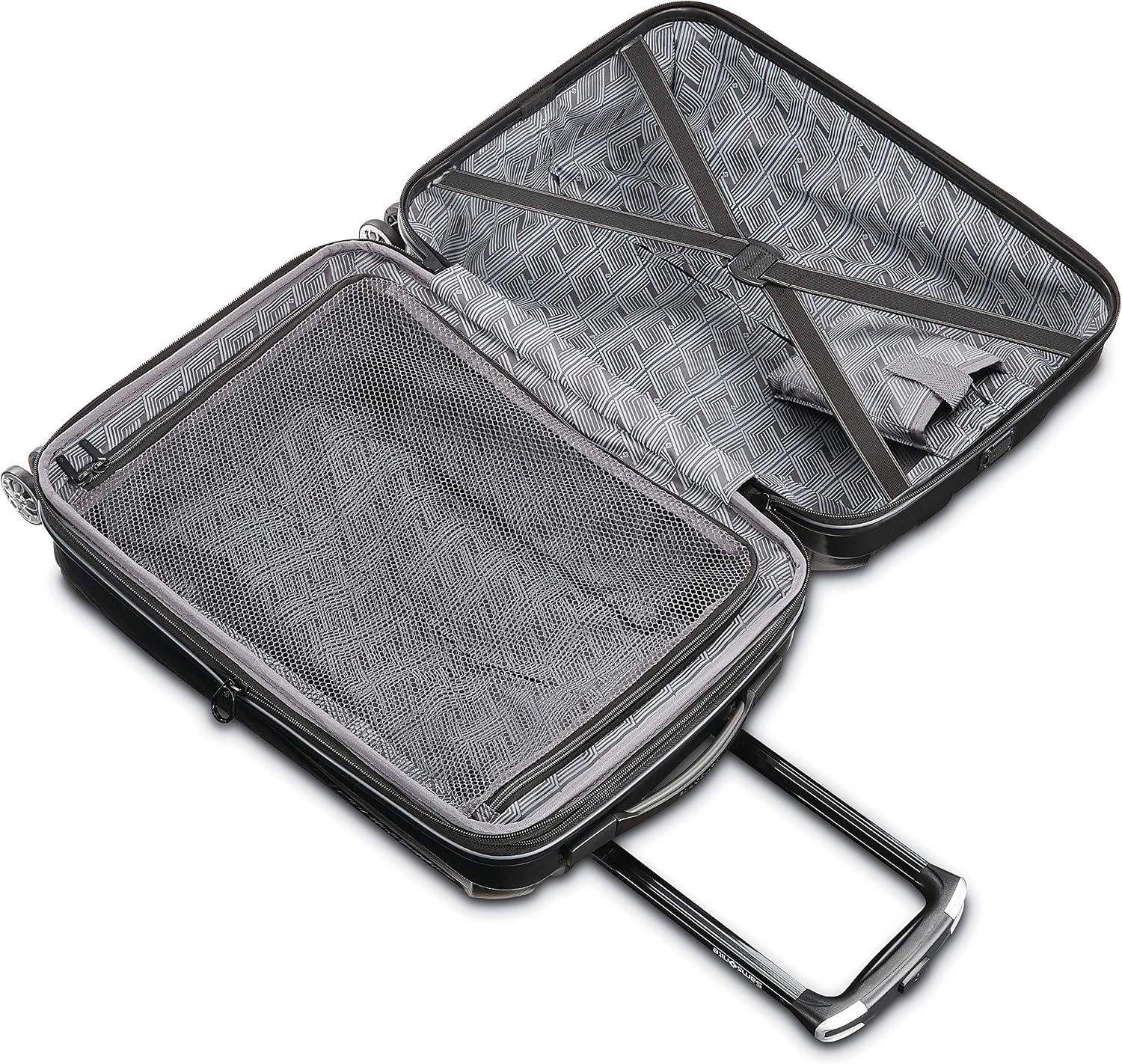 Shows the open interior with mesh pockets and cross straps that keep packed items secure.