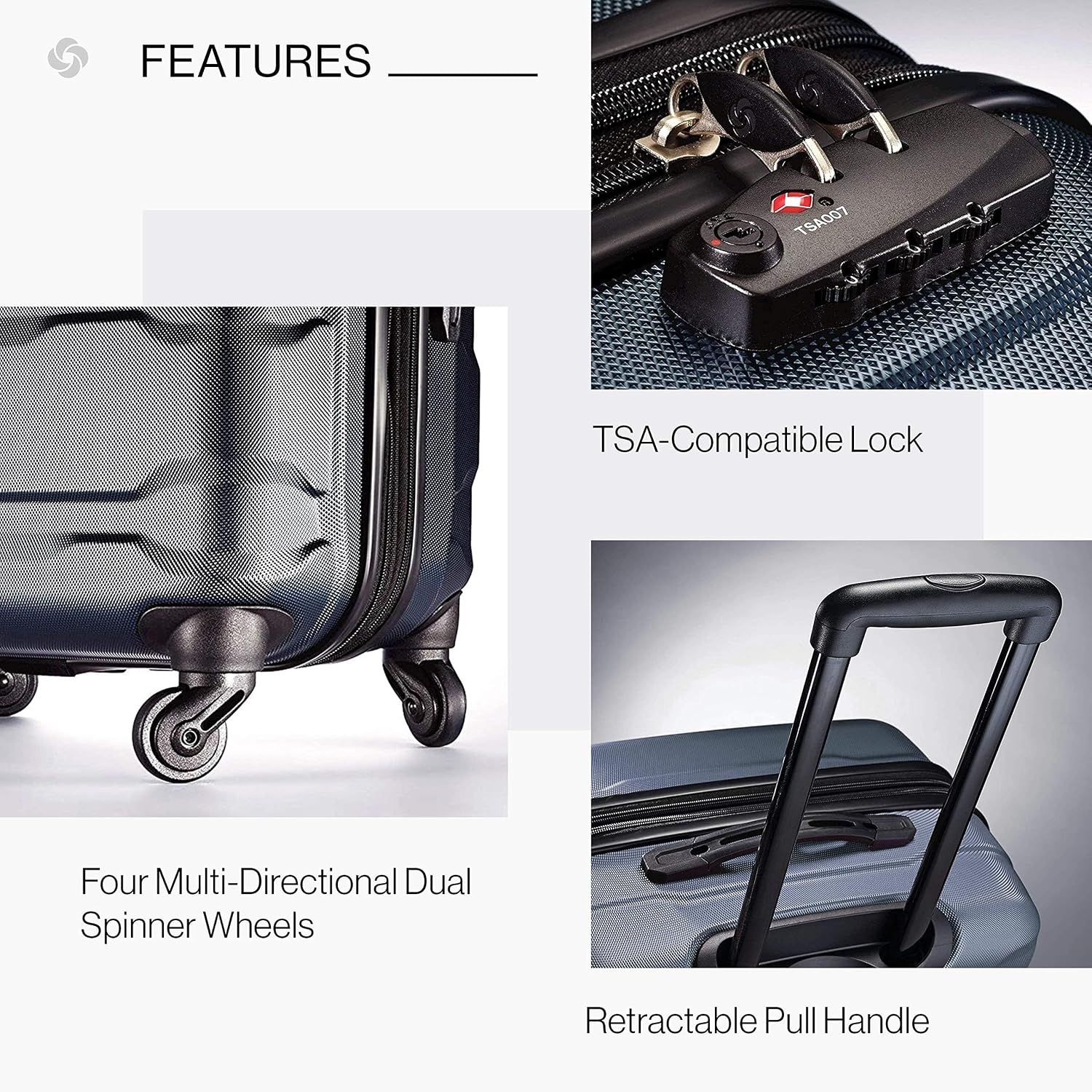 Lists three practical features in separate panels so shoppers see the wheels, lock and handle are built for travel.