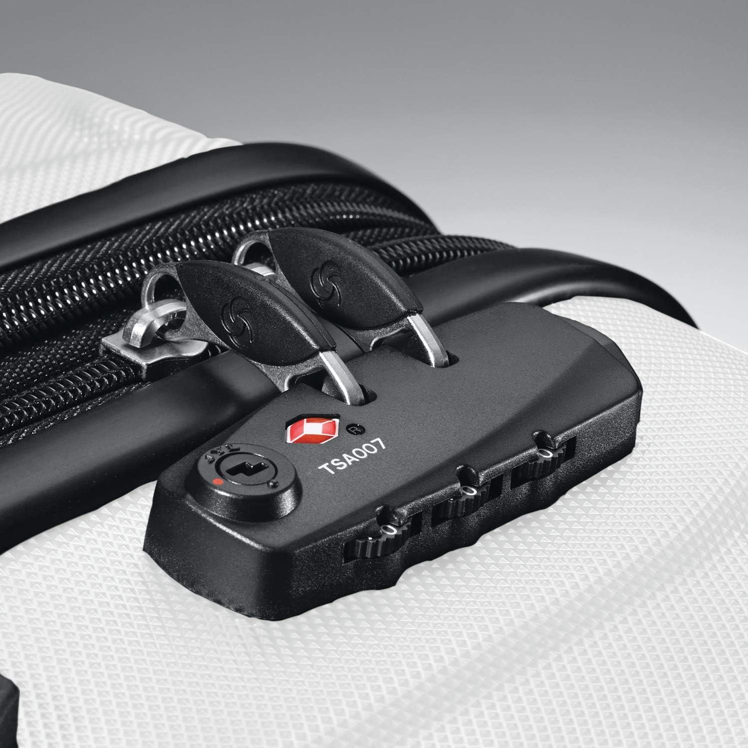 Close-up of the built-in TSA-approved lock reassures travellers that the bag can be checked securely.