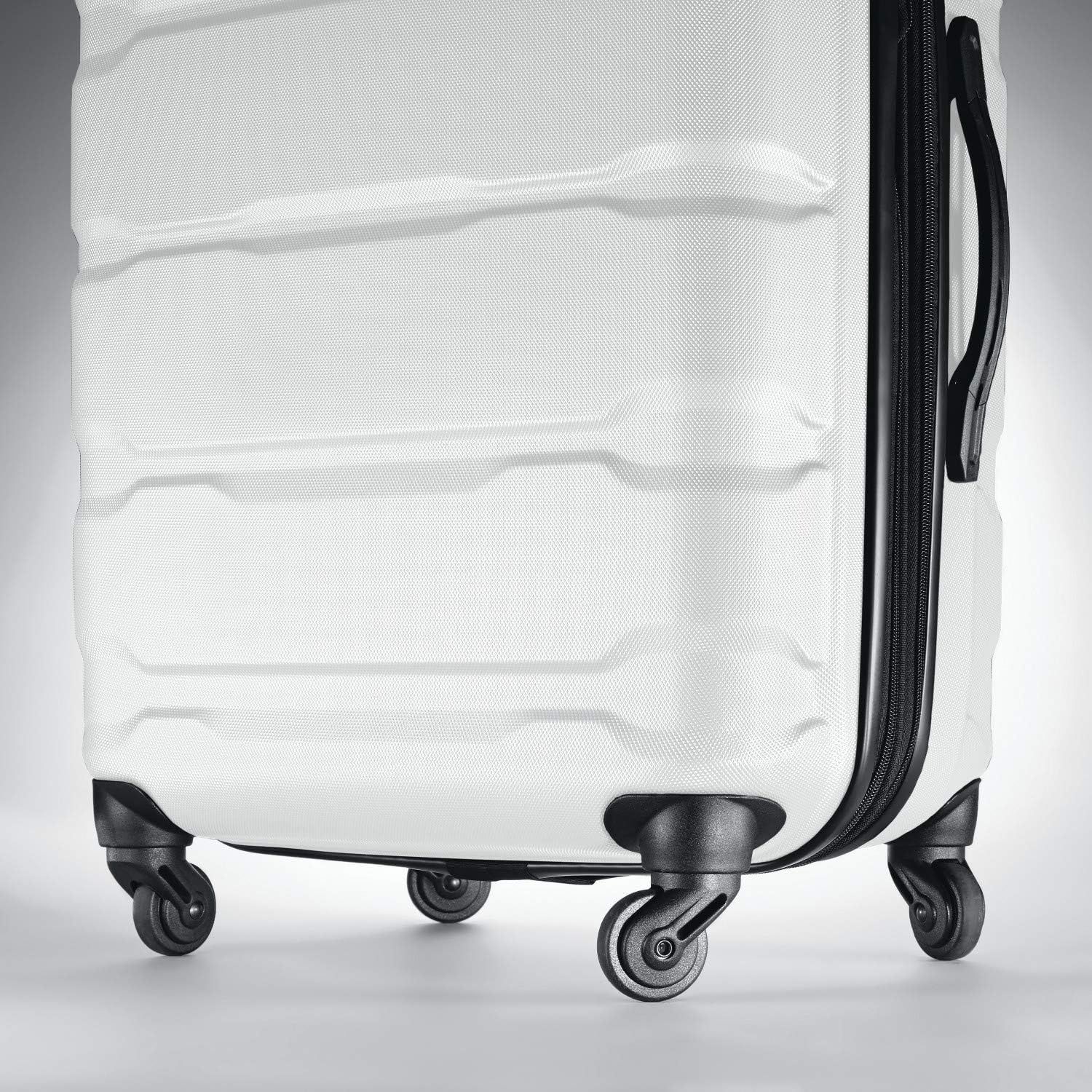 Close-up of the four spinner wheels shows the bag can glide and turn easily in any direction.