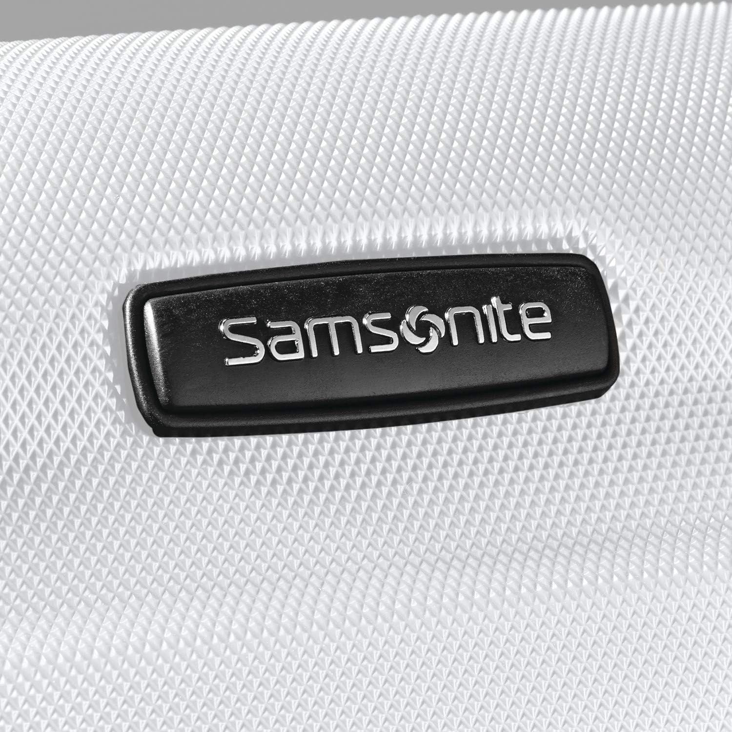 Close-up of the textured shell and Samsonite badge signals a durable, premium exterior finish.