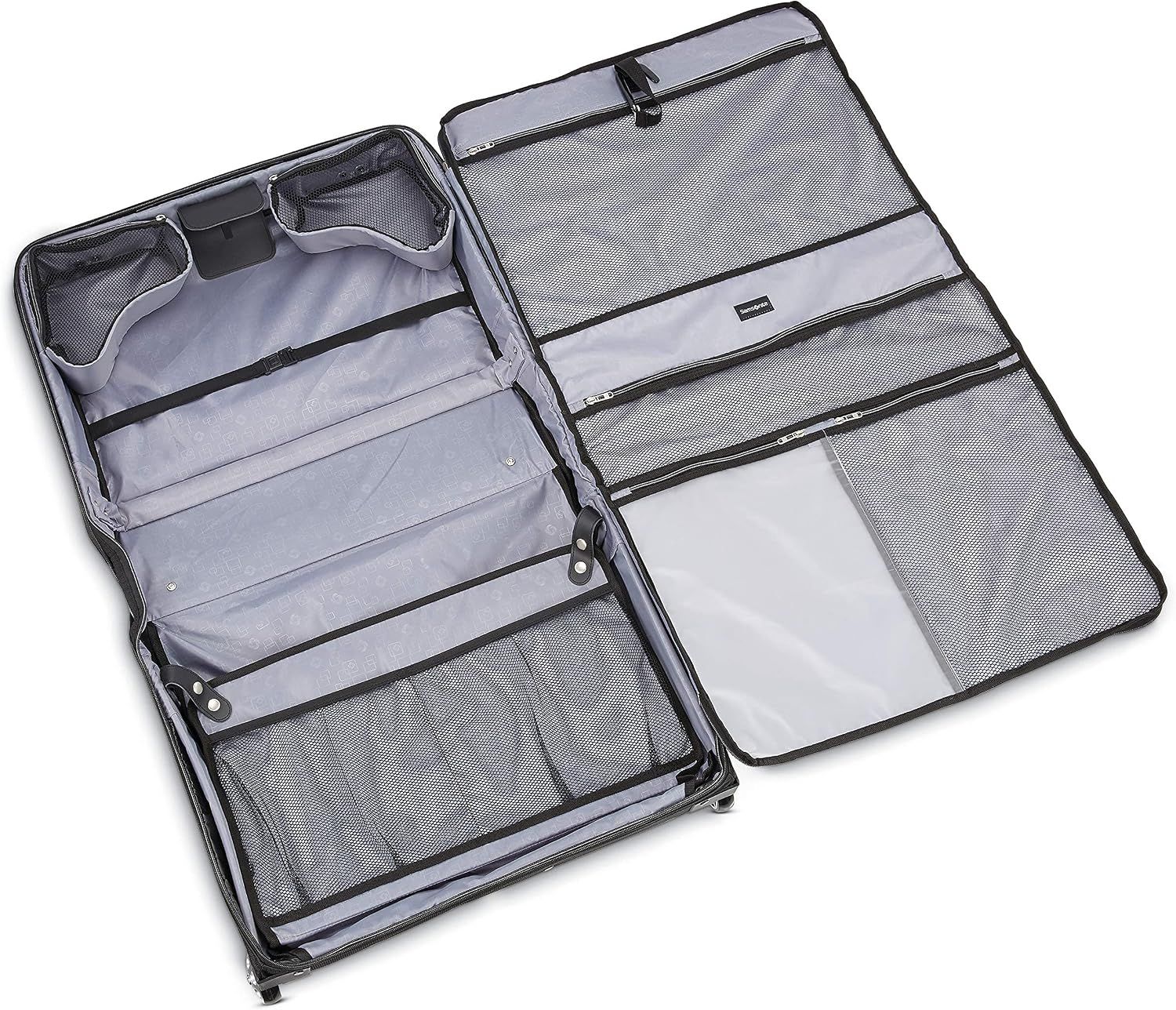 Shows the open garment bag interior with hanging space and pockets so shoppers see how it stores clothing.