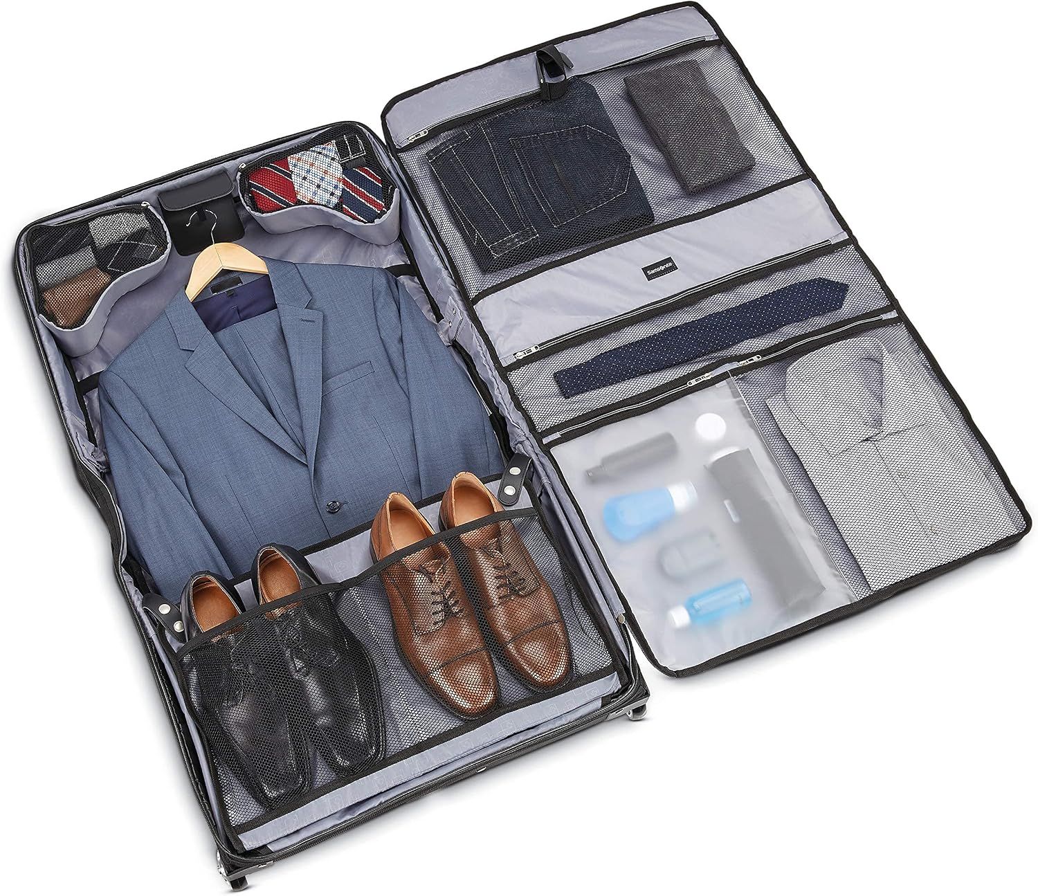 Shows a suit, shoes and toiletries packed inside the case so shoppers picture a real business trip.