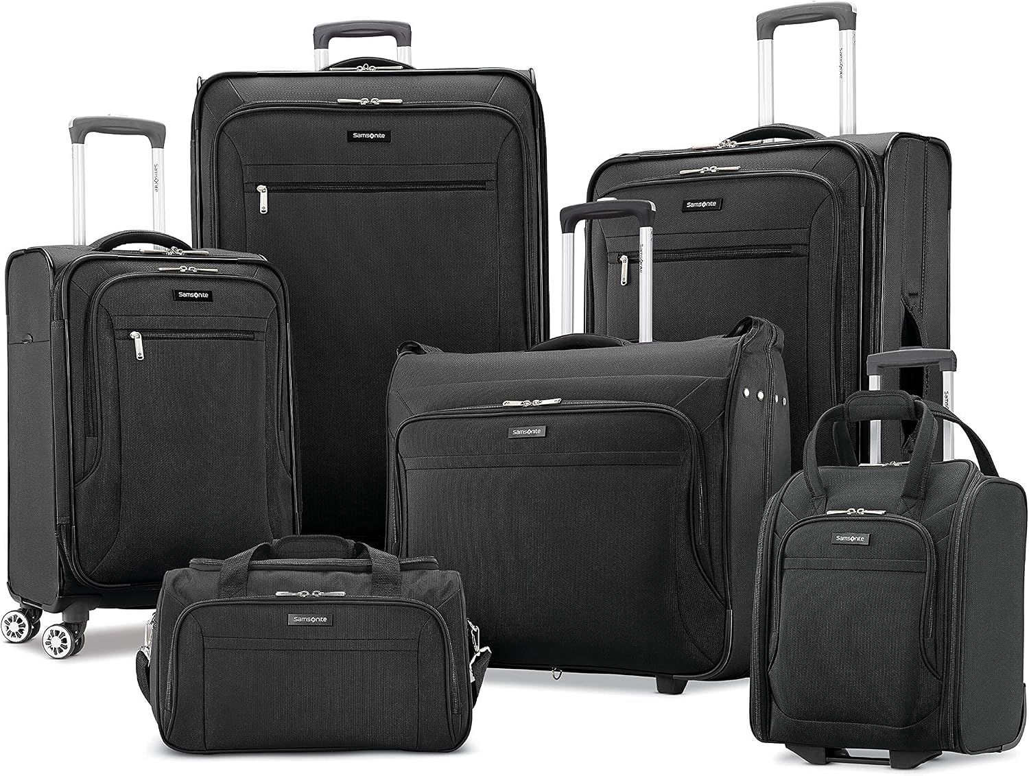 Shows every piece in the black Ascella set on a plain white background so shoppers see exactly what the set includes.