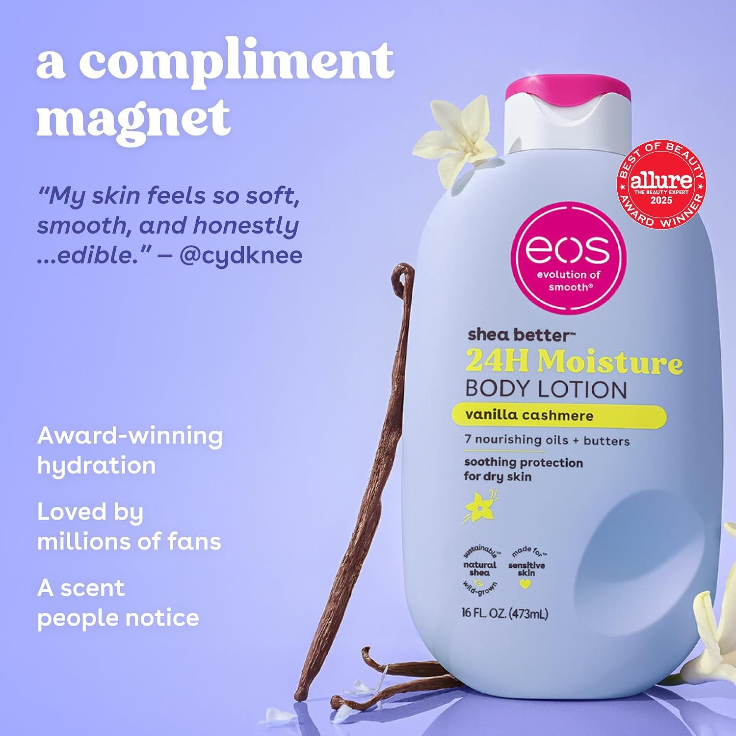 A named customer praises the skin feel and scent, giving shoppers social proof that the lotion is loved.