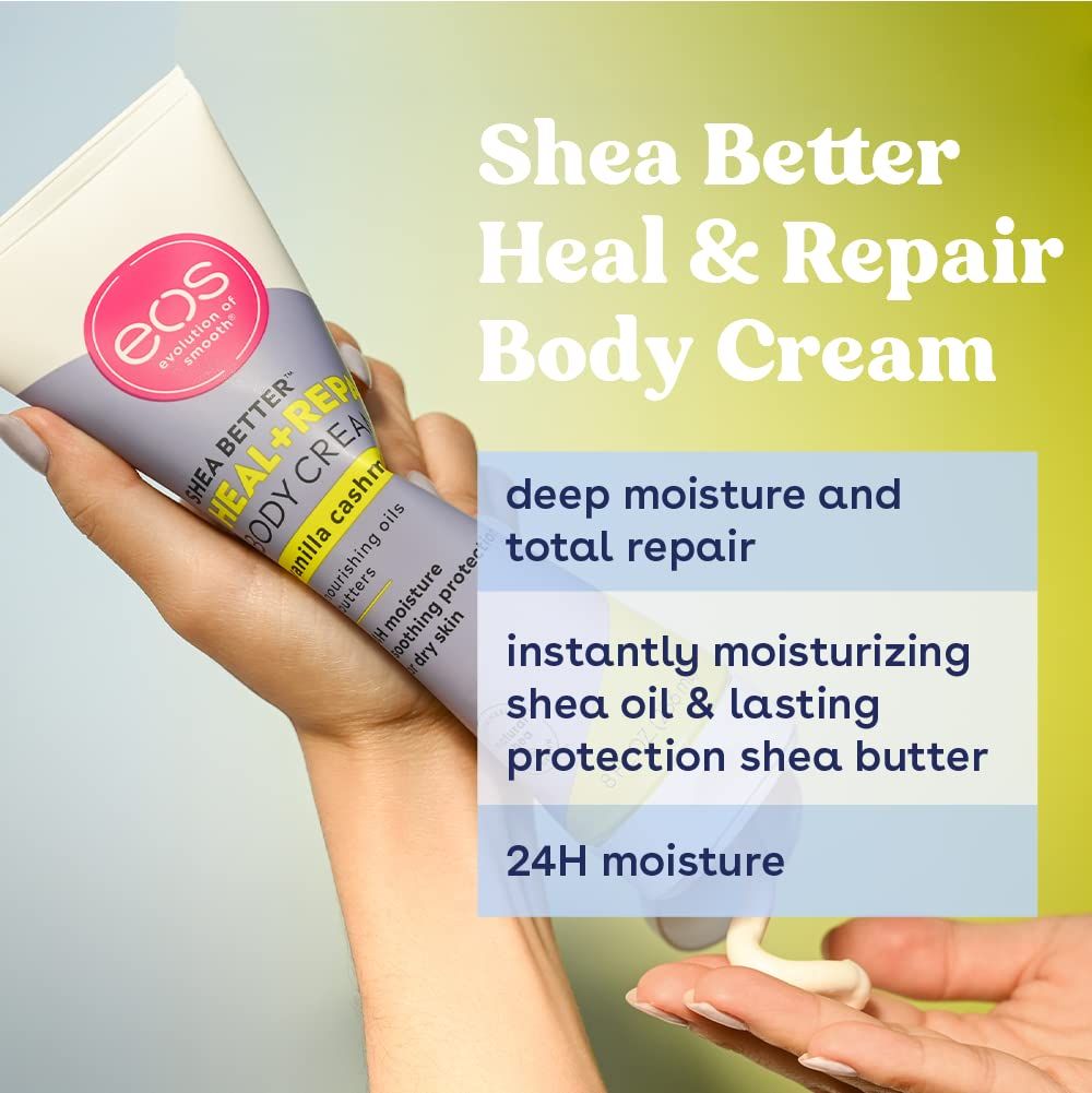 Lists three benefits: deep repair, instant moisture from shea, and 24-hour protection. Reassures shoppers the cream works for dry skin.