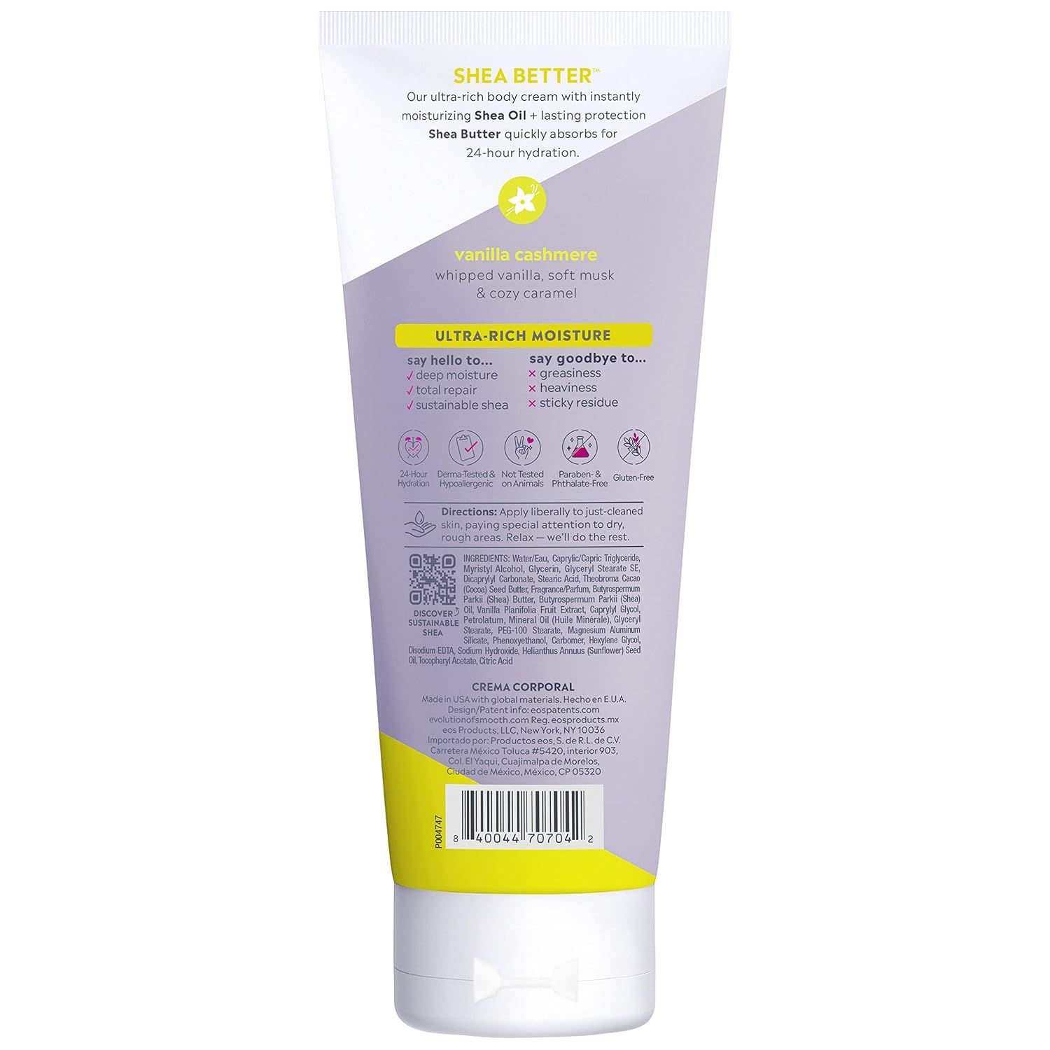 Uses icon rows and say hello or goodbye panels on the back label to list moisture benefits and clean-formula claims. Shows safety and cruelty-free icons so shoppers know the formula is gentle and…