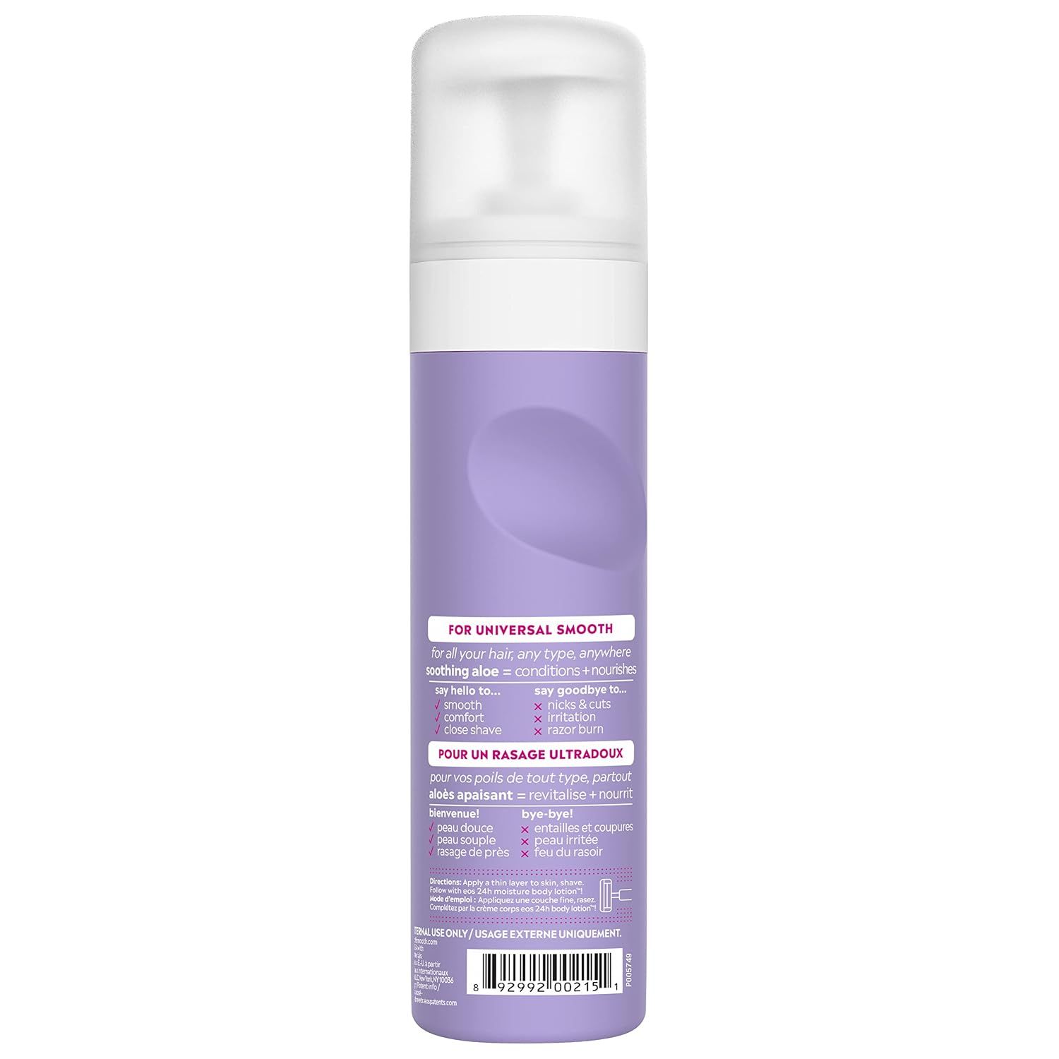 Uses say hello to and say goodbye to panels on the back label to show the smooth results and problems it solves.