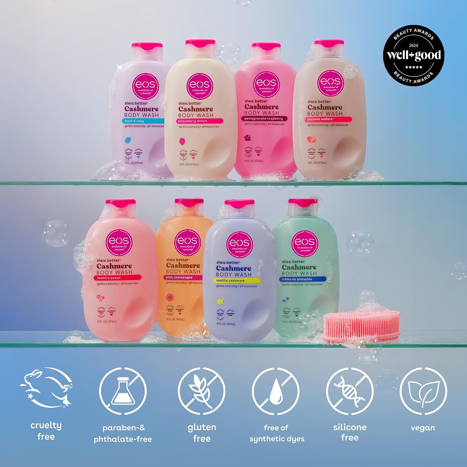 Presents the full Cashmere Body Wash scent lineup and award recognition so shoppers see the range and brand credibility. Lists six segmented free-from and vegan claims so shoppers can check the…