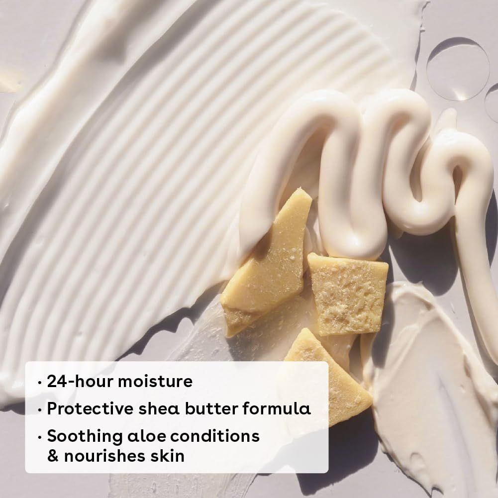 Presents one core moisture claim over a cream texture shot, reassuring shoppers the formula keeps skin hydrated for 24 hours.