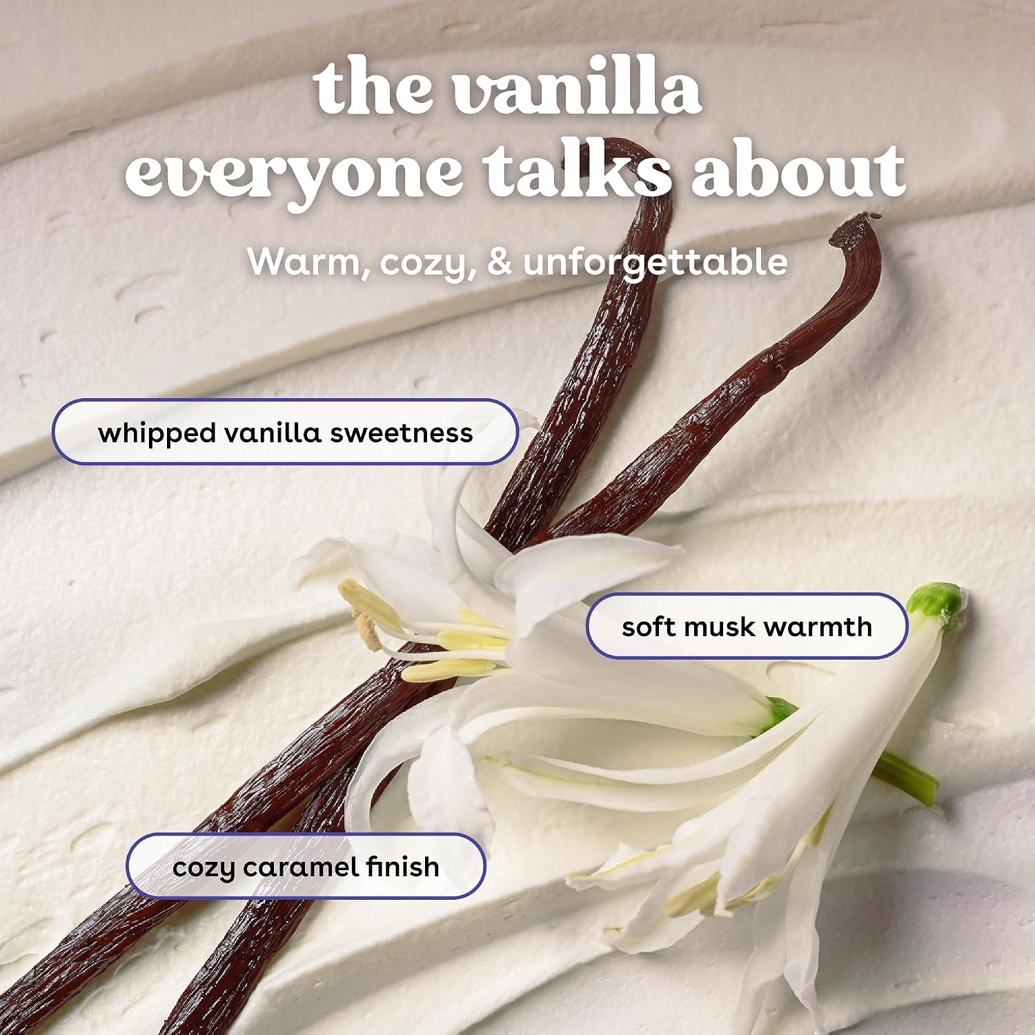 Shows the rich vanilla scent in one clean scene so shoppers feel the fragrance is warm and appealing.
