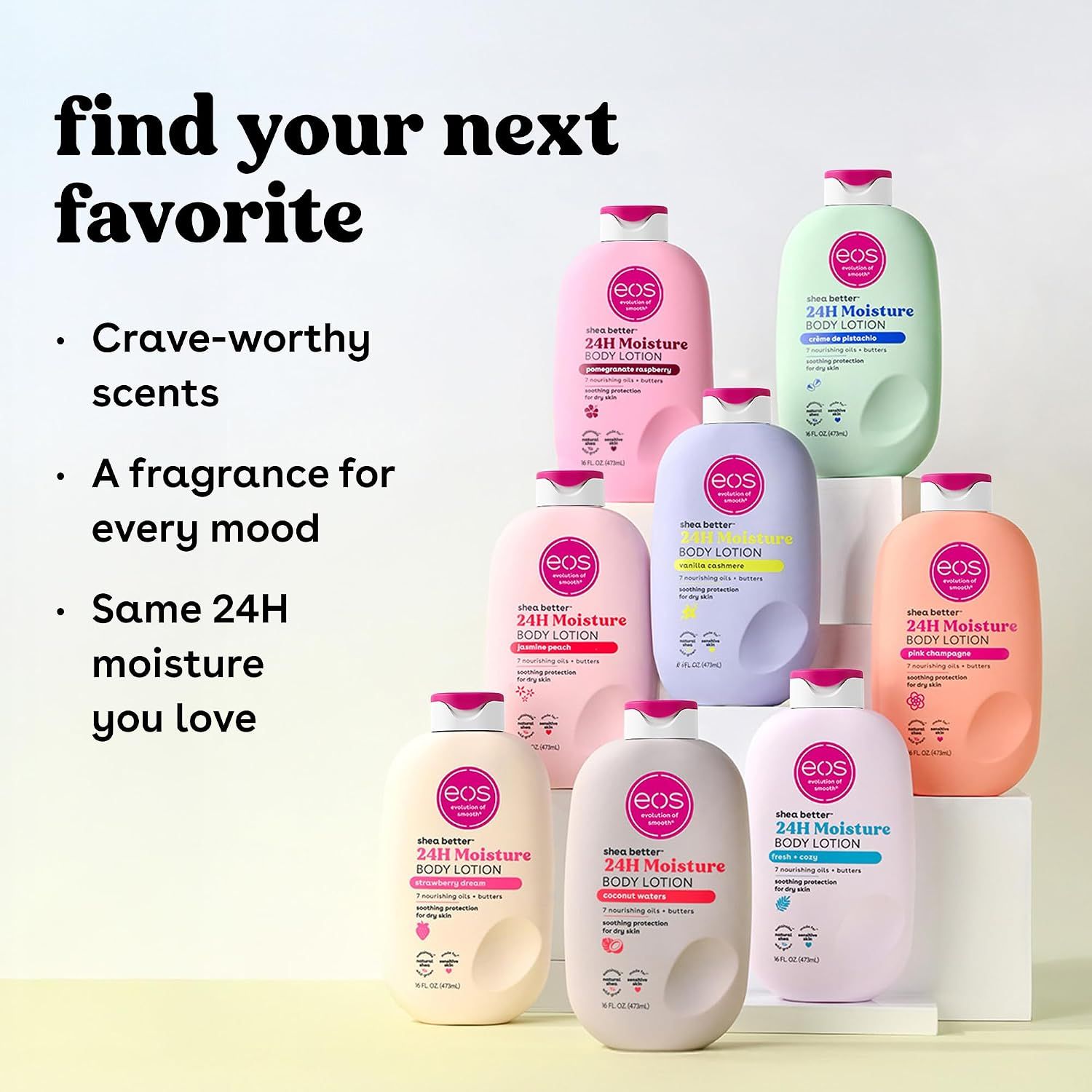 Eight lotion scents shown side by side present the full product range so shoppers can choose a favourite. The lineup reinforces that there is a fragrance for every mood with the same 24H moisture.