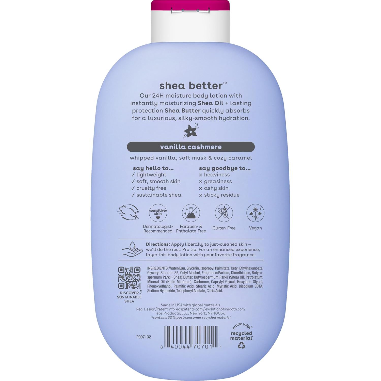 Segmented back panel lists the lotion's key benefits and what it removes, reassuring shoppers it hydrates without heaviness or stickiness. Certification icons show the lotion is…