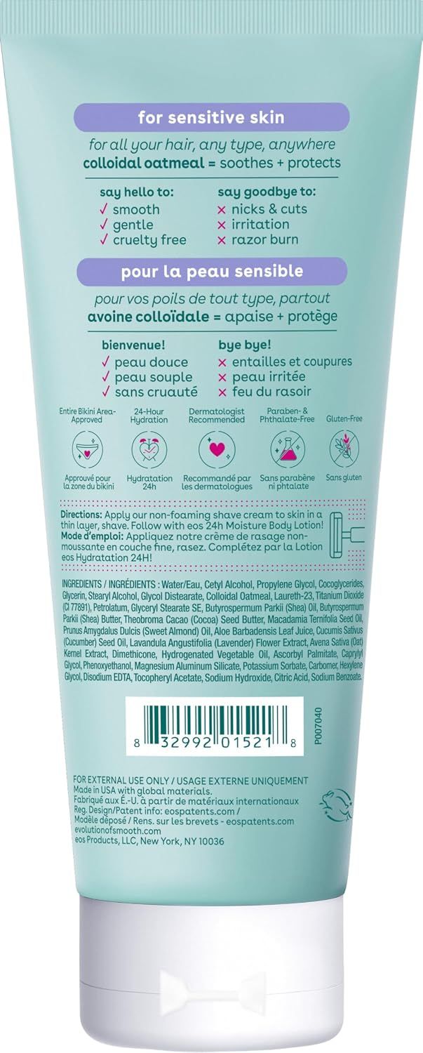 Segmented back panel lists what the cream helps with and avoids, reassuring sensitive-skin shoppers it shaves gently and without irritation. Certification icons show the cream is dermatologist…