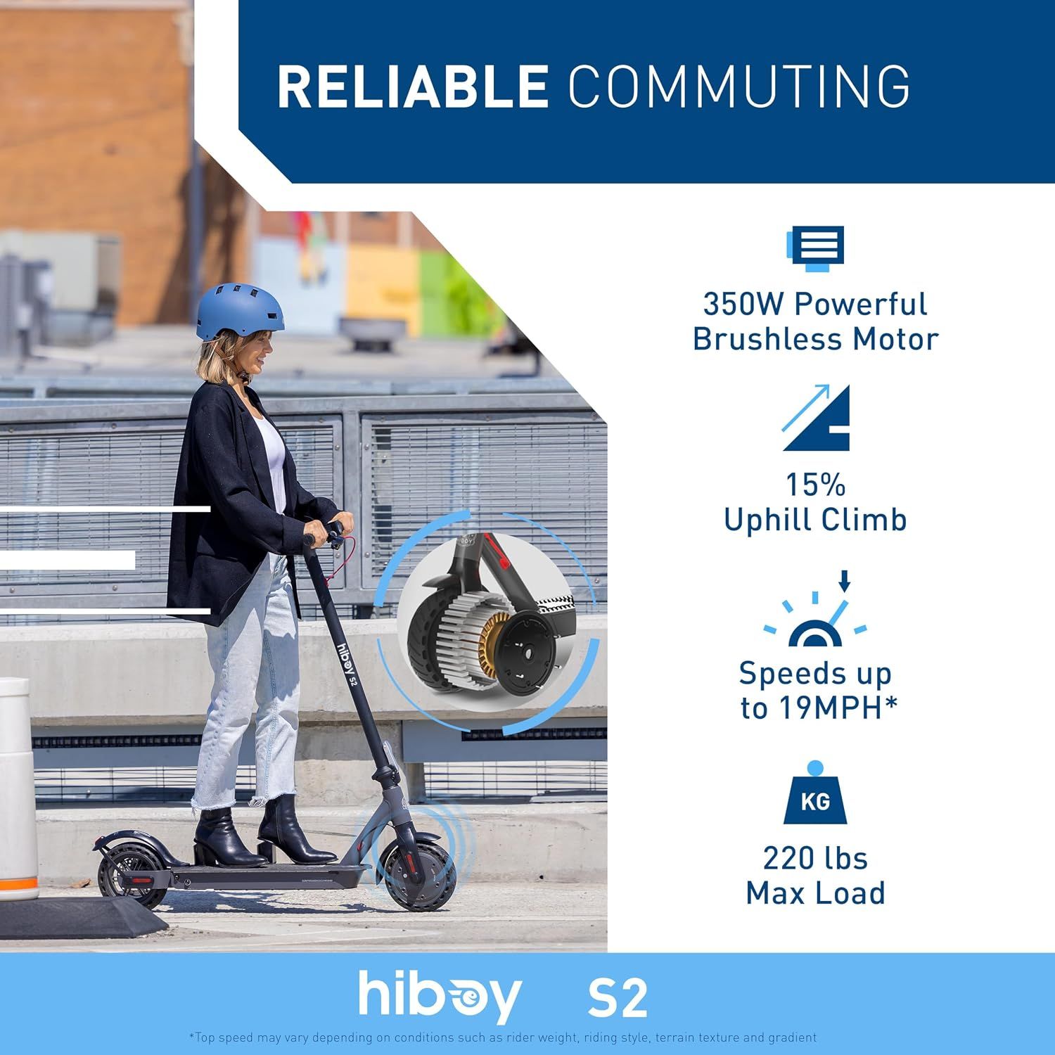 Highlights multiple performance specifications and capabilities of the scooter to reassure shoppers it is reliable for daily commuting.
