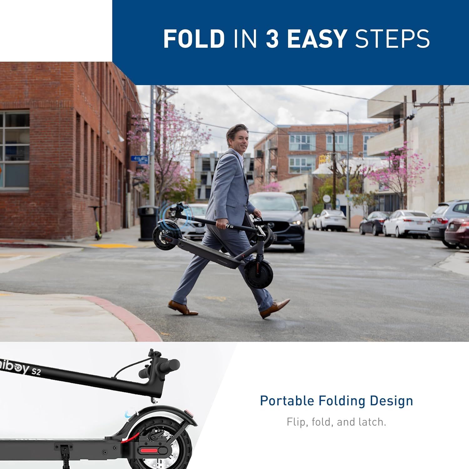 Demonstrates the scooter's easy folding mechanism for portability and convenient storage.