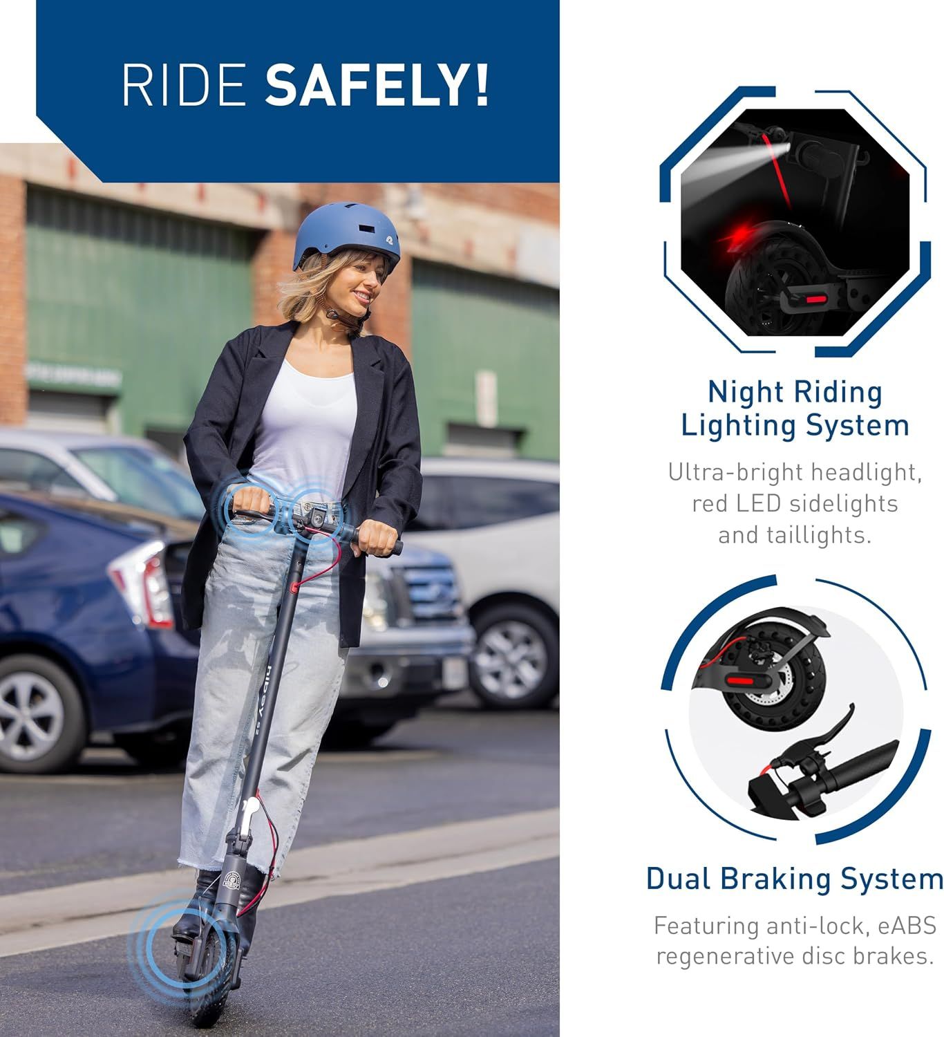 Highlights the scooter's safety features including lighting and braking systems to reassure shoppers they can ride safely. Showcases two distinct safety features in a segmented layout to communicate…