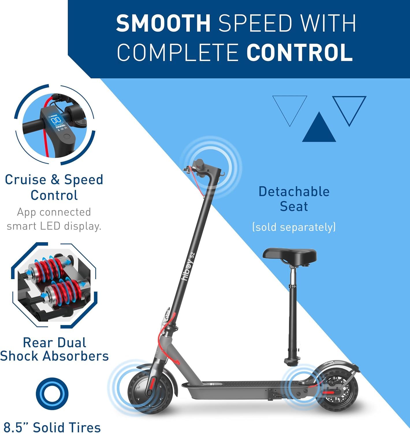 Breaks down the scooter's physical components and features with labeled callouts to help shoppers understand the product's construction and capabilities. Highlights multiple distinct features and…