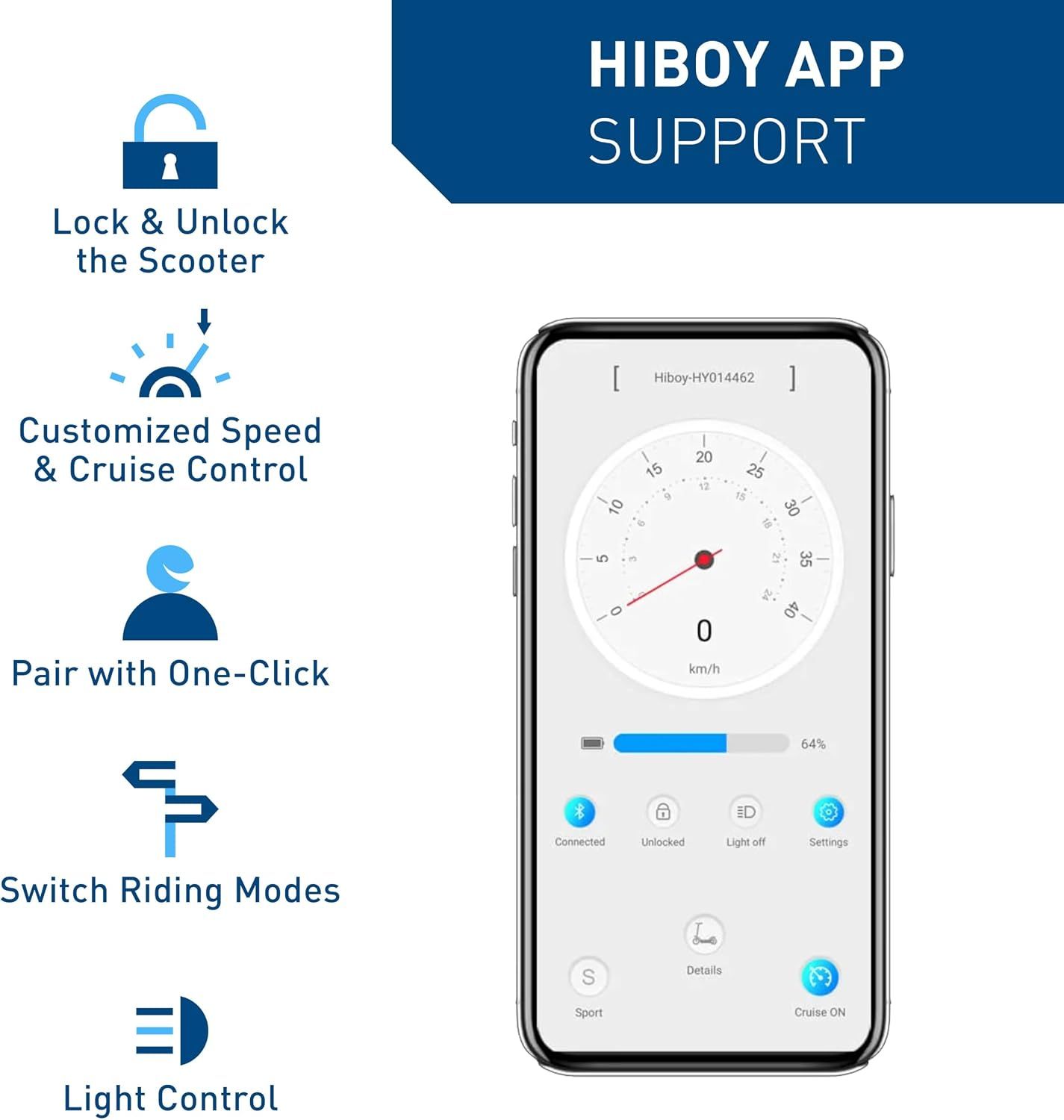 Showcases the multiple app-connected features and controls available through the Hiboy app to communicate convenience and smart functionality.