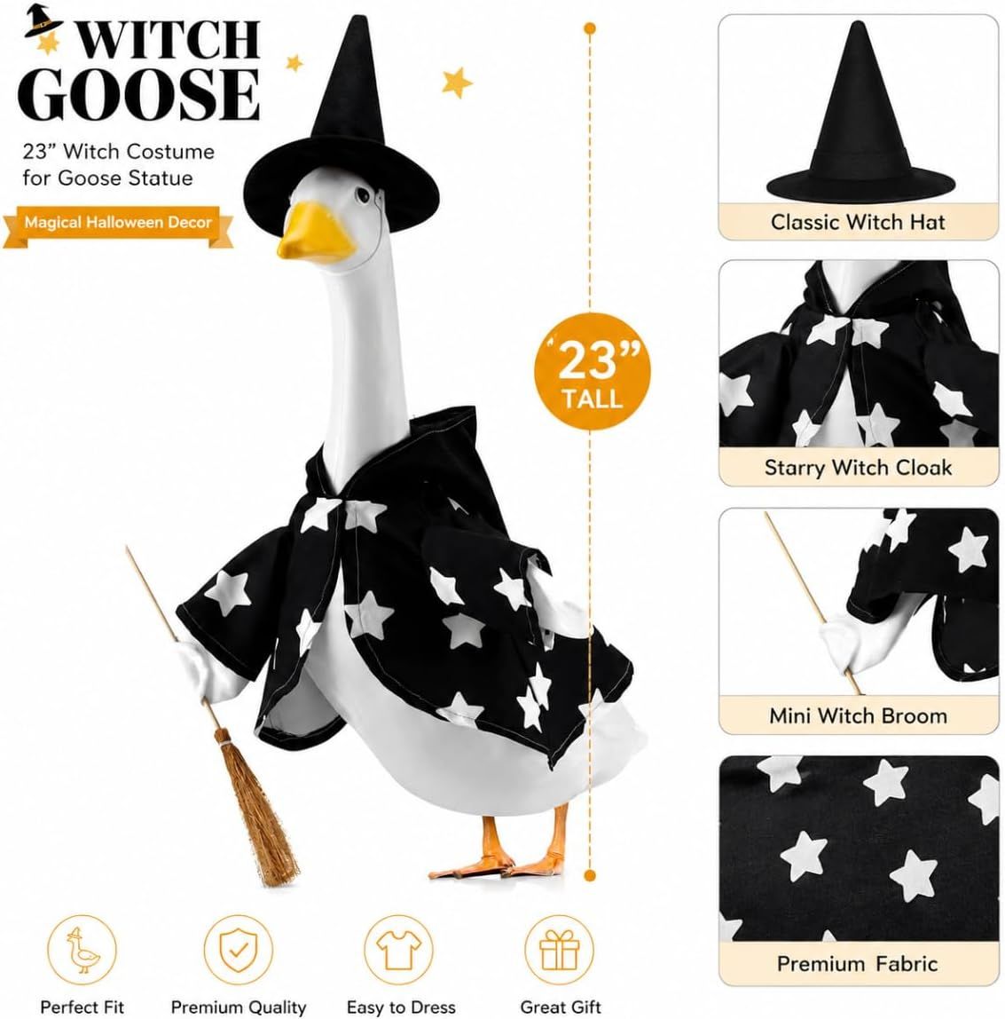 Shows all the components included in the witch costume set for the goose statue, helping shoppers understand exactly what they receive with their purchase. Communicates the physical height of the…