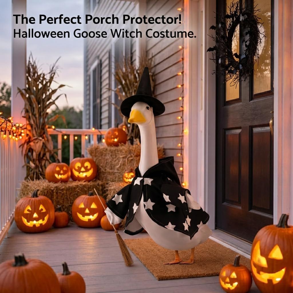 Demonstrates the product's use case as a porch decoration and protector during Halloween, showing it in a real outdoor setting. Highlights the product's primary benefit as an ideal porch decoration…