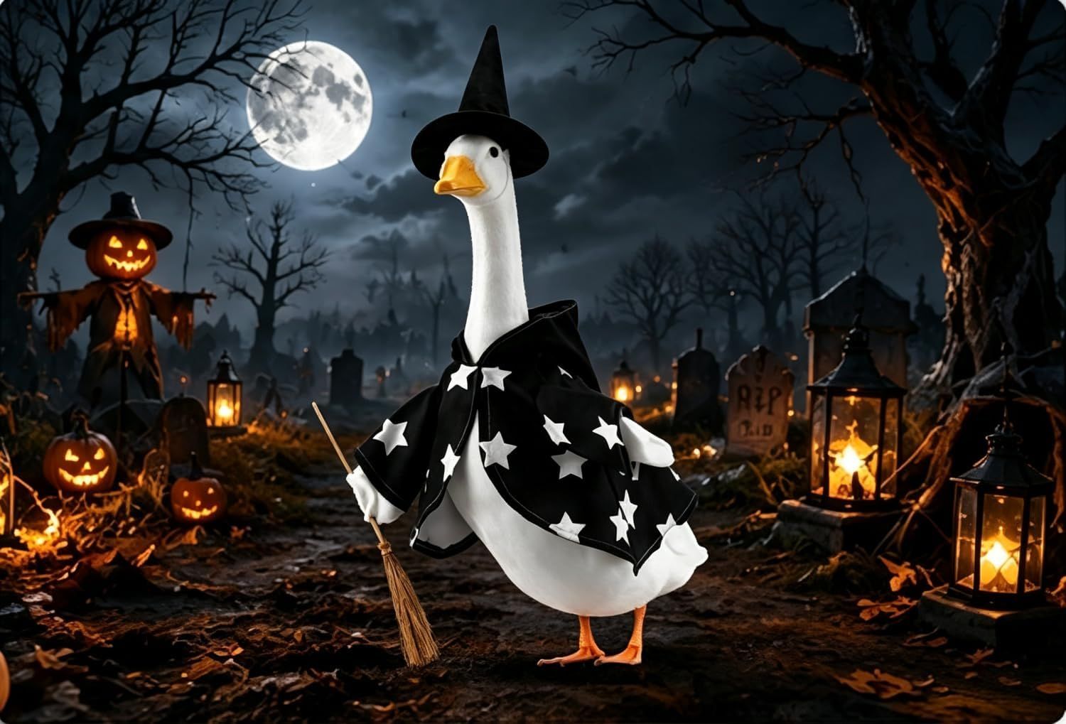 Displays the product in an atmospheric Halloween night setting with spooky elements to create emotional appeal and show the product in context.